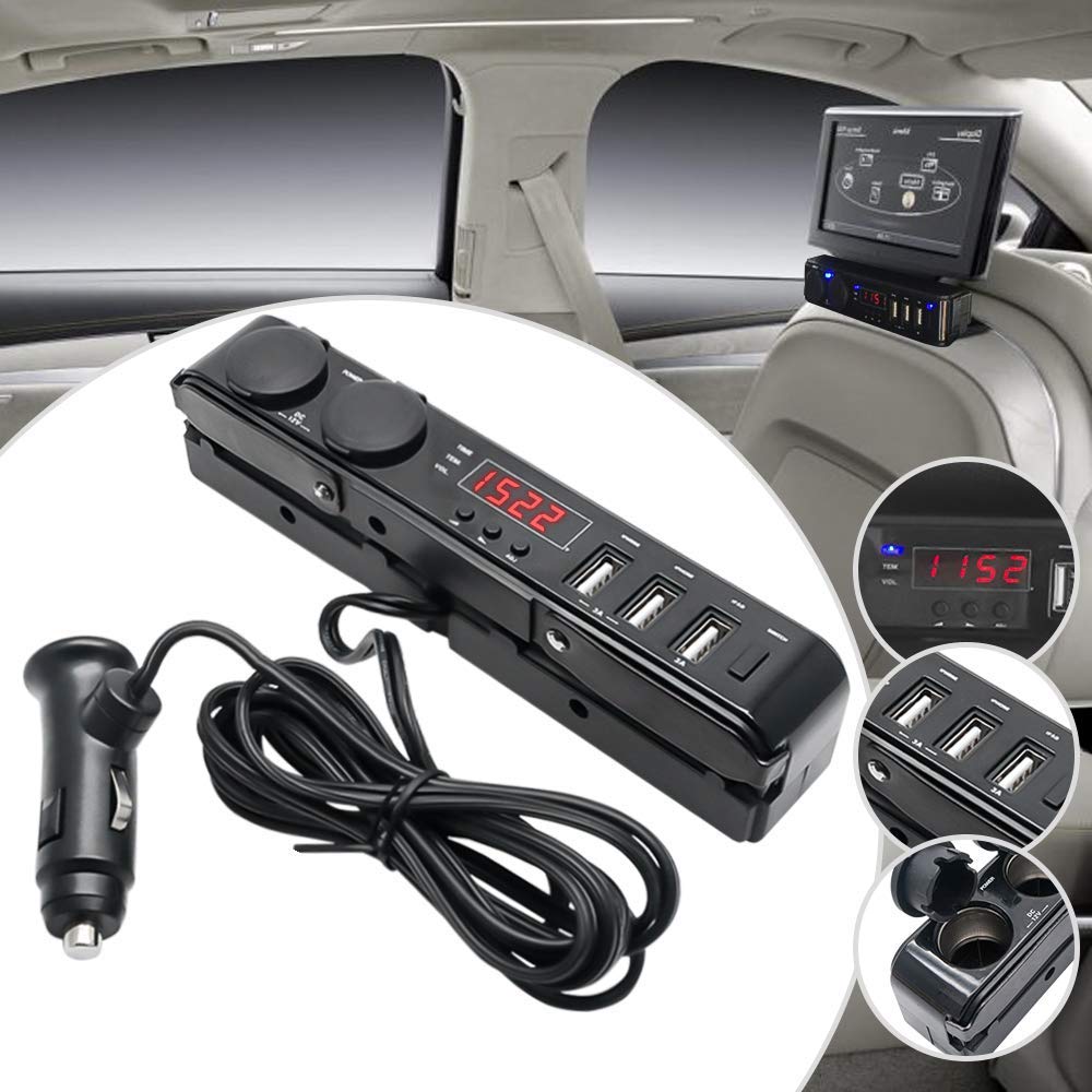 HugeAuto - Adattatore per accendisigari a 3 prese con voltmetro, adattatore per caricabatterie USB, multiplo per presa di corrente, 3 A, 12 V - 24 V, termometro LCD per auto