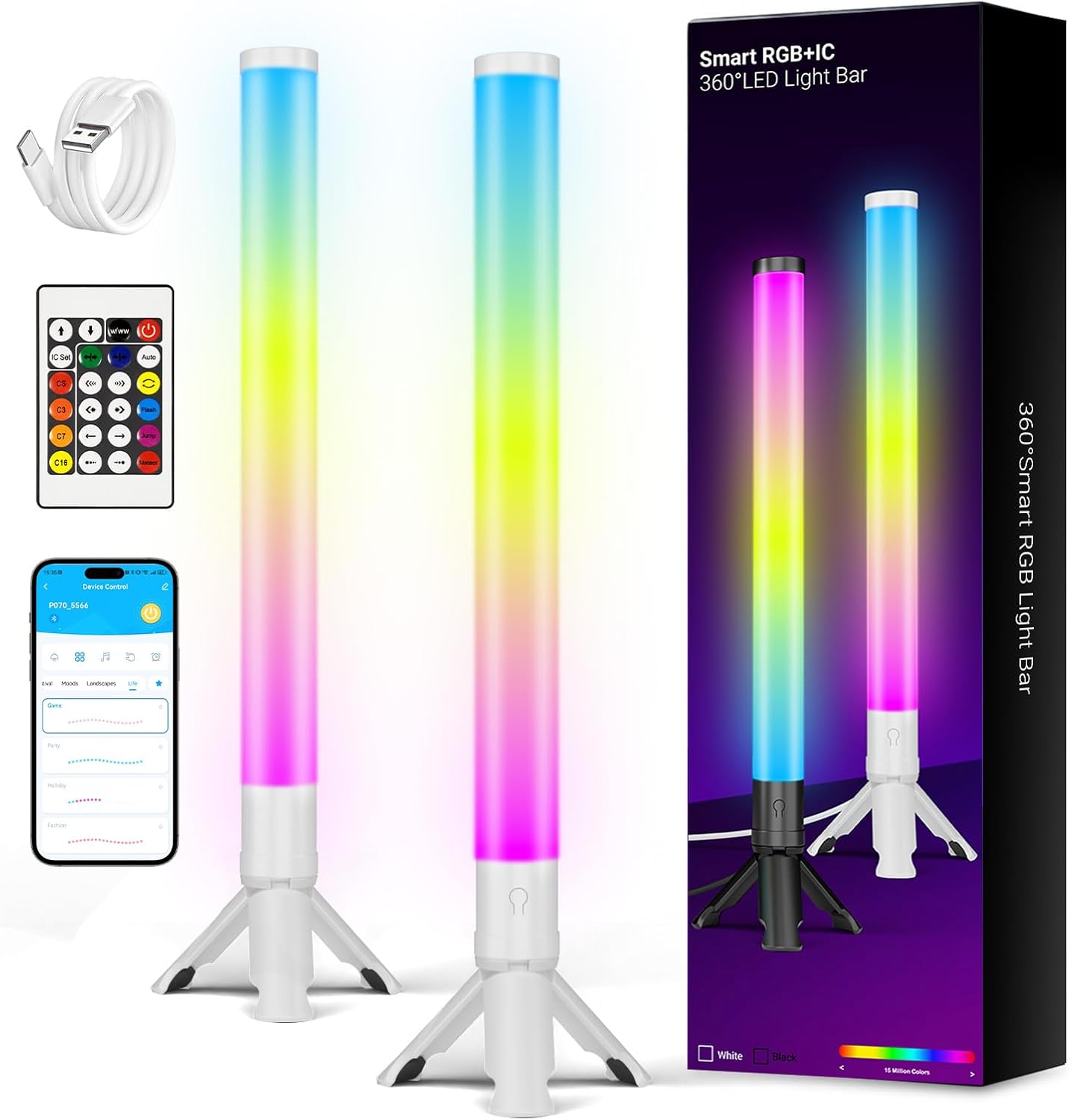 DAYBETTER 360° Smart LED Light Bars, TV Backlight with Music Sync and Scene Modes, RGB Light Bars with 16 Million Colors, 3 Modes Control, Mood Lighting, Gaming Light Bar for Room, Monitor, PC, Desk