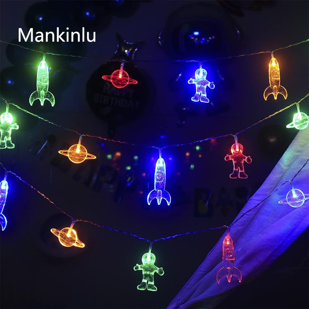 LED-Lichterkette für Kinderzimmer, mit Fernbedienung, 20 LEDs, 3,5 m, 8 Modi, batteriebetrieben, Weltraum-Lichterkette mit Rakete, Raumschiff, Astronauten-Anhänger, Urlaub, Party, Lichter für