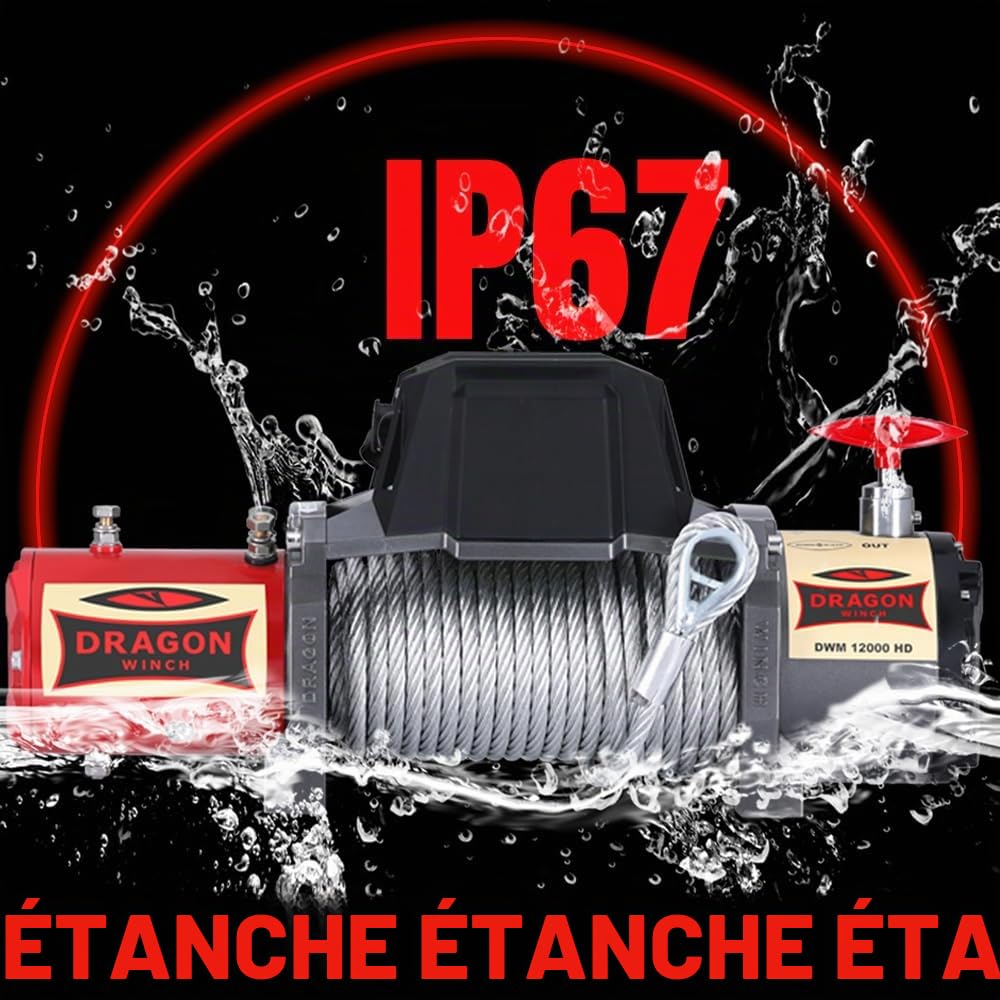 Dragon Winch Treuil électrique 12V Maverick 12000 lbs / 5443 kg avec Câble en Acier 20m pour voiture, dépanneuses et véhicules municipaux | Télécommande sans fil + accessoires treuil | Étanchéité IP67
