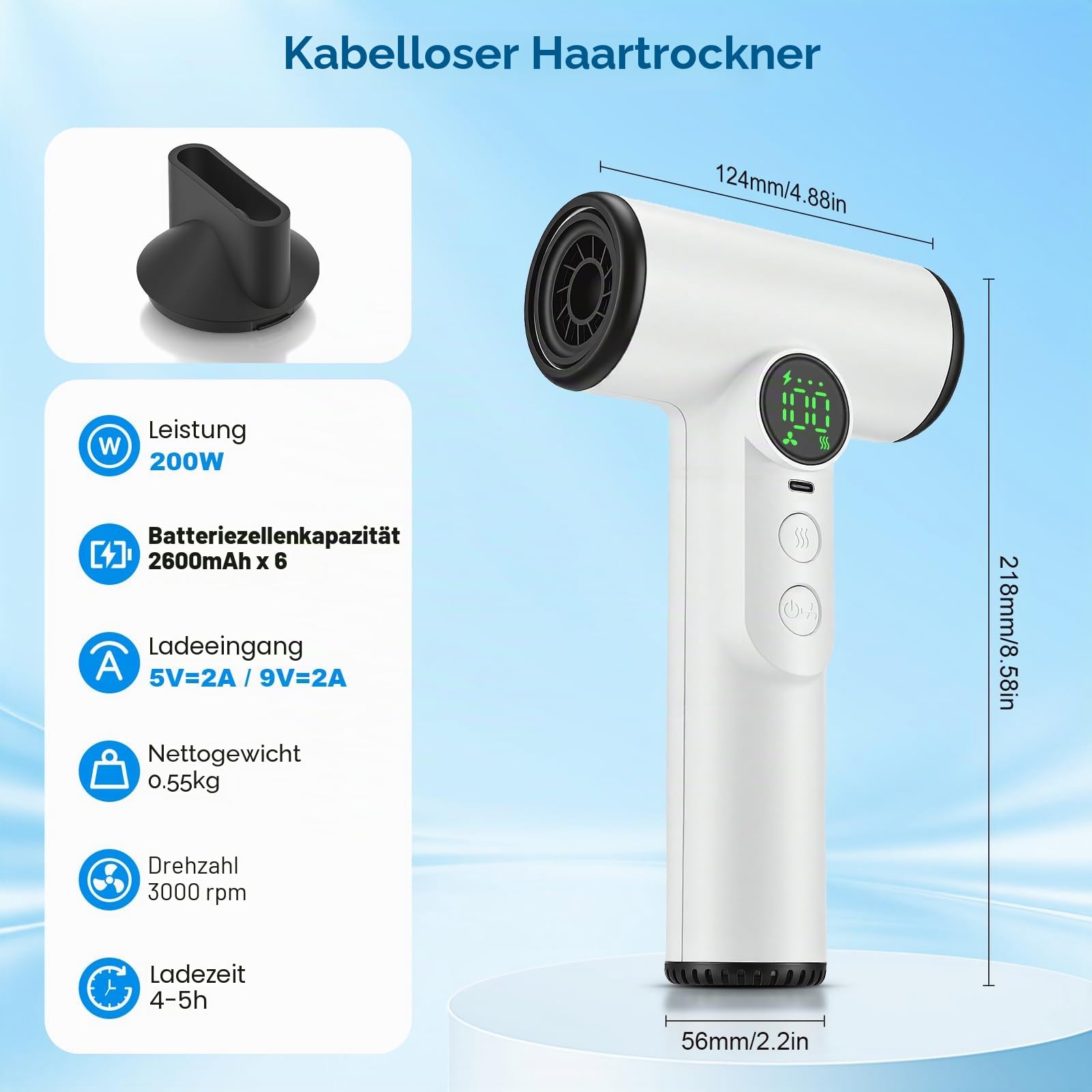 Pro Akku Reisefön 15600mAh - Kabelloser Haartrockner mit 100 Temperaturen & Geschwindigkeiten - Tragbarer Fön mit Digitaldisplay für Camping Reisen Hotel - Weiß