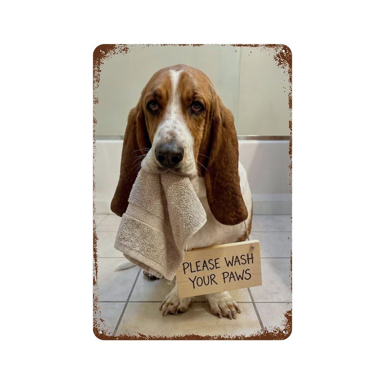 Rust Effect Basset Hound with Wash PawsSign Aged Metal Wall Plaque 11.8"x7.9", Classic Wall Plaque for Basement, Hobby Room And Garage Decor