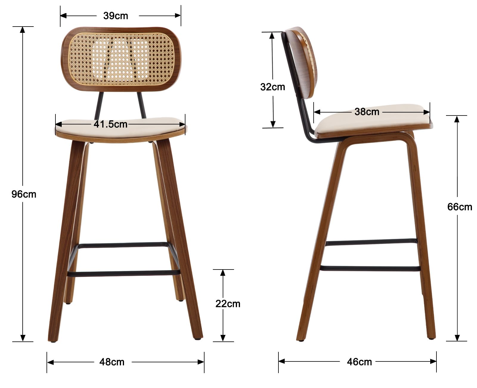 Ya-Home Juego de 2 Taburetes Altos de Cocina Modernos con Respaldo Rattán,Taburetes de Bar Tapizando en Cojín de PU, Sillas Altas de Mostrador con Patas de Madera para Hogar/Restaurante