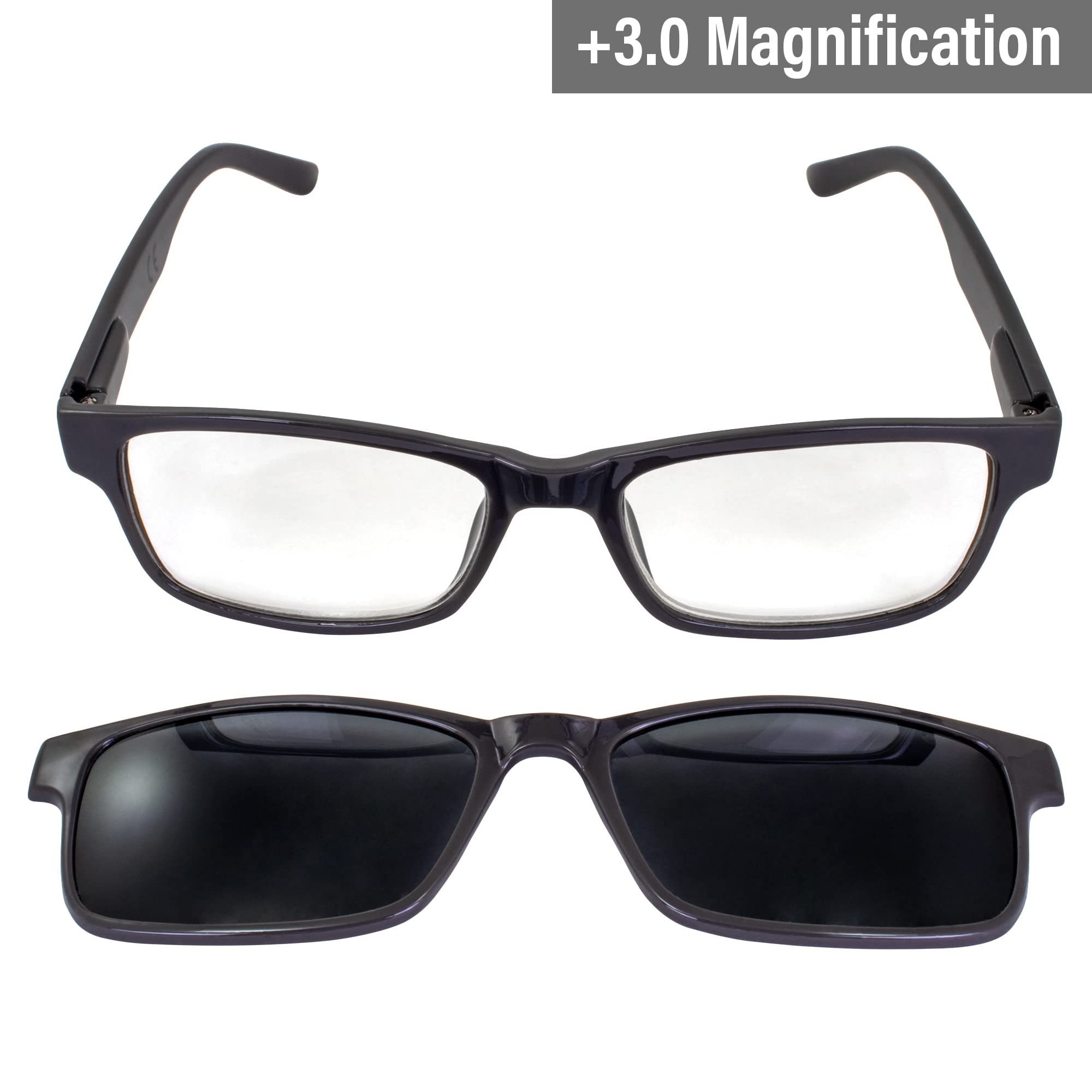 Global Vision Reading Glasses +3.0 Magnification Gray Frame w/Clear Lens & Matching Polarized Clip-On Shades