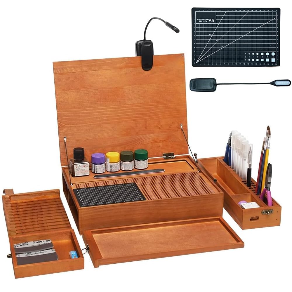 Banco da lavoro per modellismo, postazione di lavoro portatile in legno con luce a LED e tappetino da taglio per lavori fai da te di precisione e assemblaggio