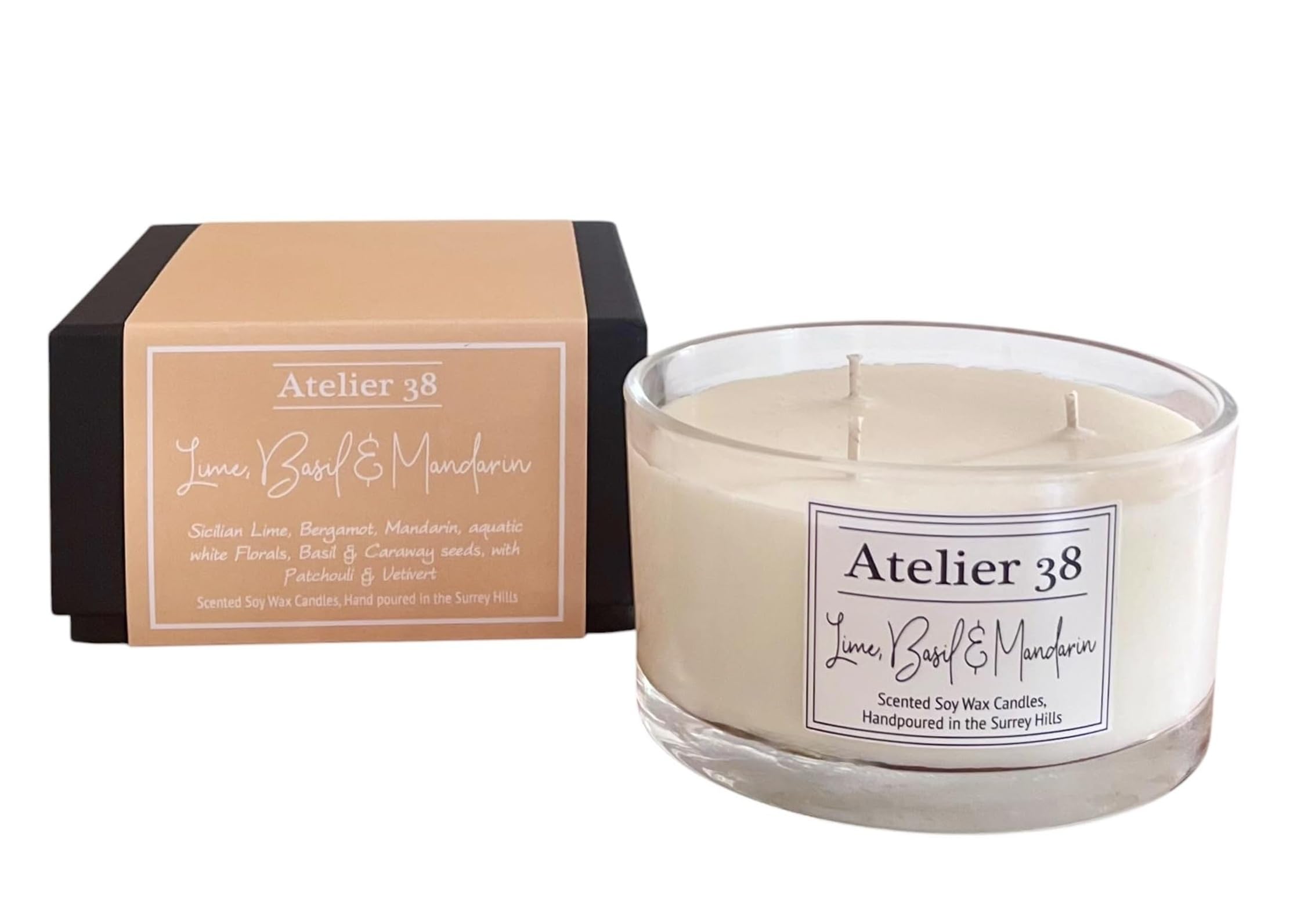 Atelier 38 Lime Basil & Mandarin 3 Wick Scented Candle 400g - Luxury Soy Candle, Up to 40 Hour Burn Time, Large Candle Home Fragrance, Long Burning Candle, Housewarming Gift, Made in Surrey Hills