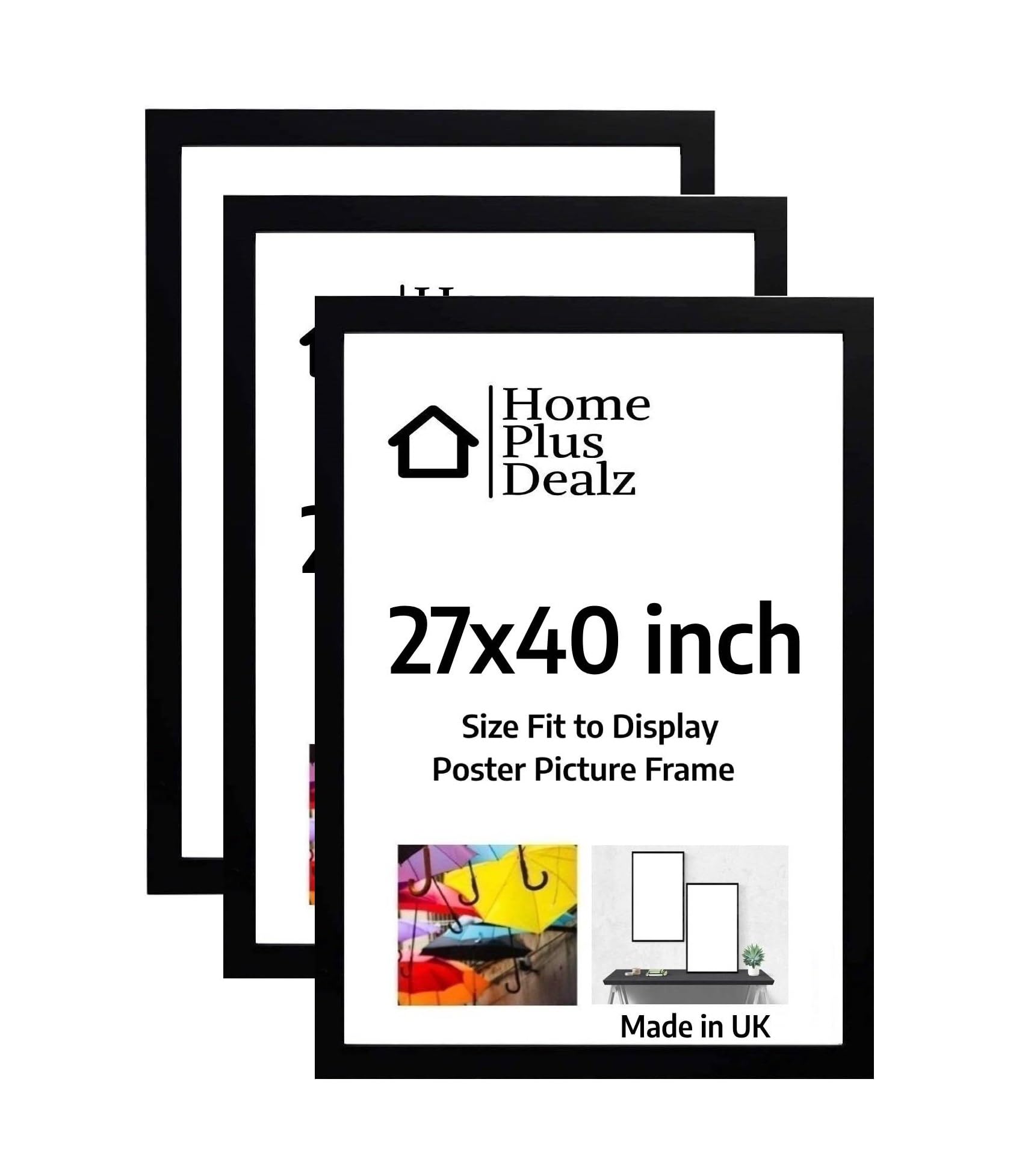 Home Plus Dealz Ltd Picture Frames 27x40'' (Set of 3) Decorative Wall Photo Frames in MDF with Clear Aclyric Glass - Black Matte Poster Frame