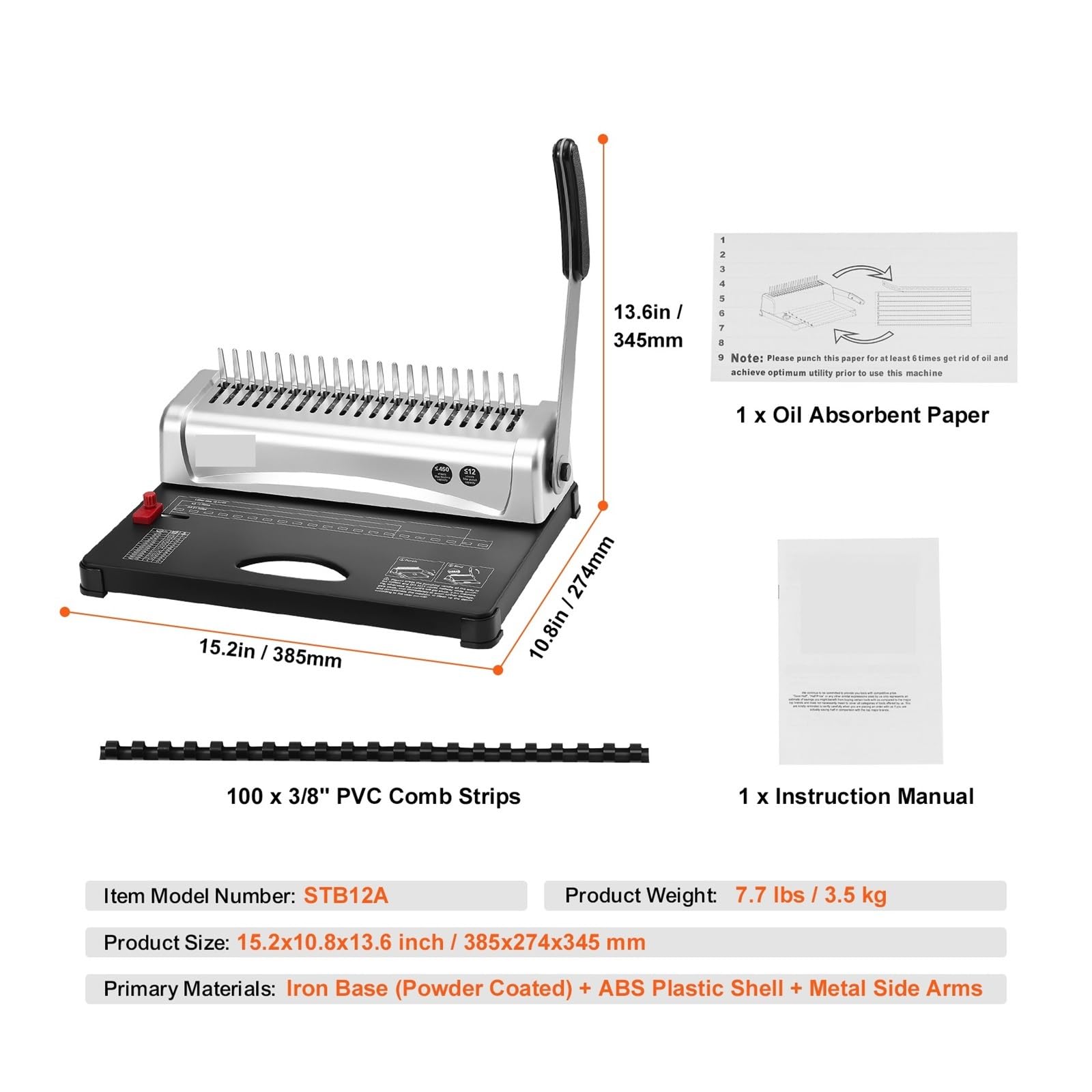 Rilegatrice, Macchina rilegatrice Macchina rilegatrice a pettine 21 fori Rilegatura 450 fogli Macchina rilegatrice con 100 pezzi 3/8'' dorsi rilegatori a pettine per scuola e ufficio