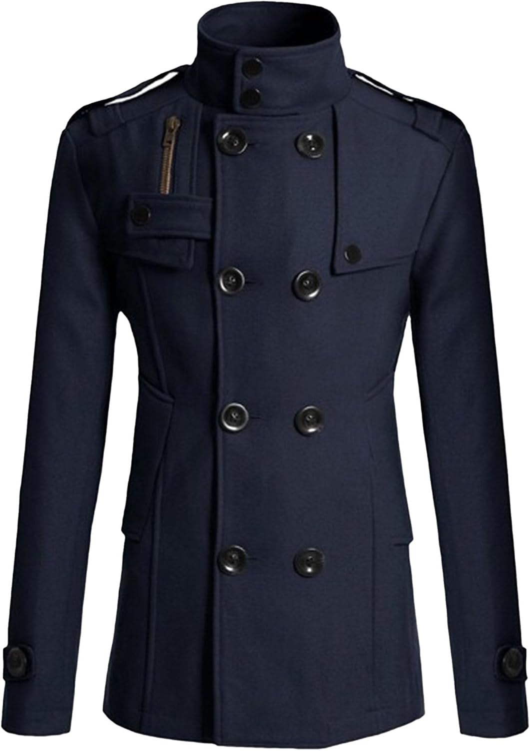 Men'S Double Breasted Long Peacoat Winter Wool Blend Trench Coat Jackets Casual Stand Collar Cotton Overcoats