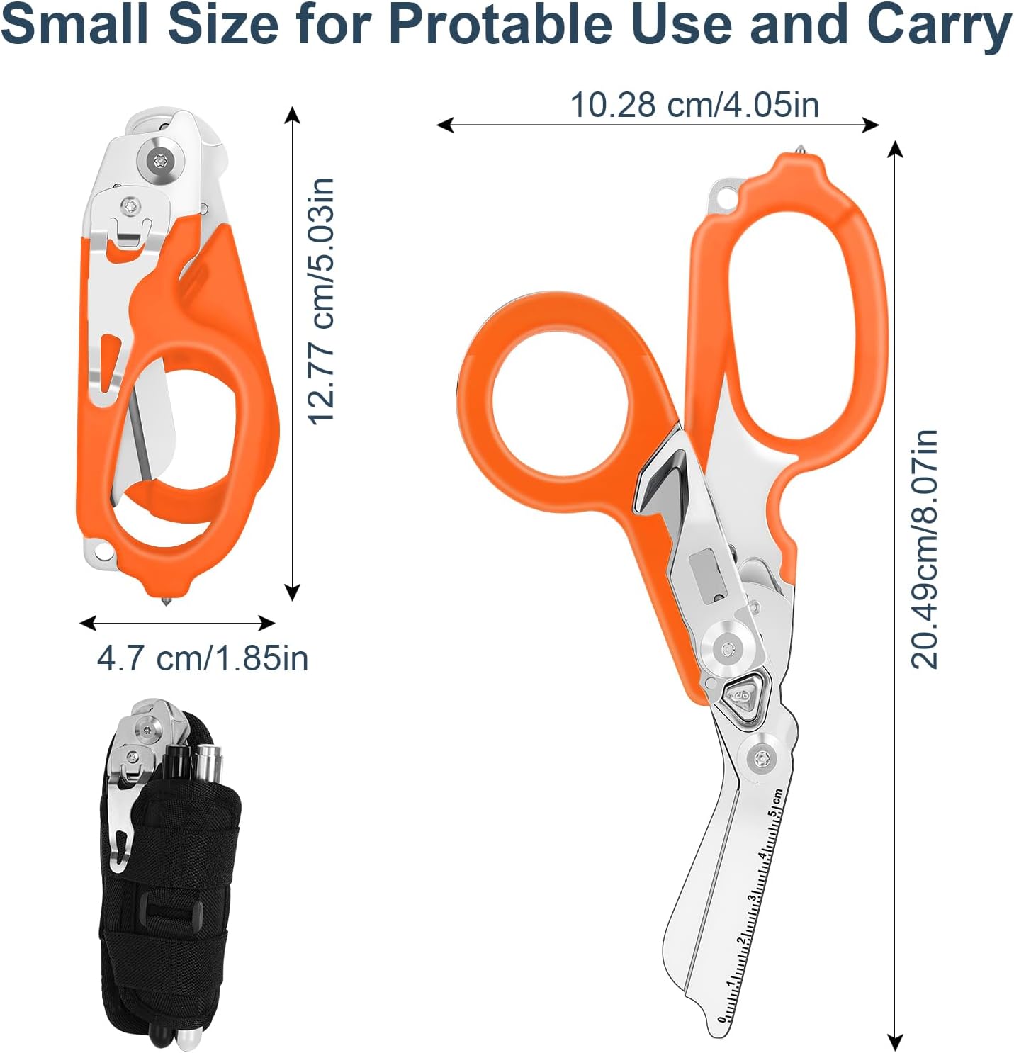 6 In1 Multifunction Emergency Response Shears, Stainless Steel Foldable Trauma Shears with Strap Cutter and Glass Breaker,Medical Scissors with Holster and Penlight Orange