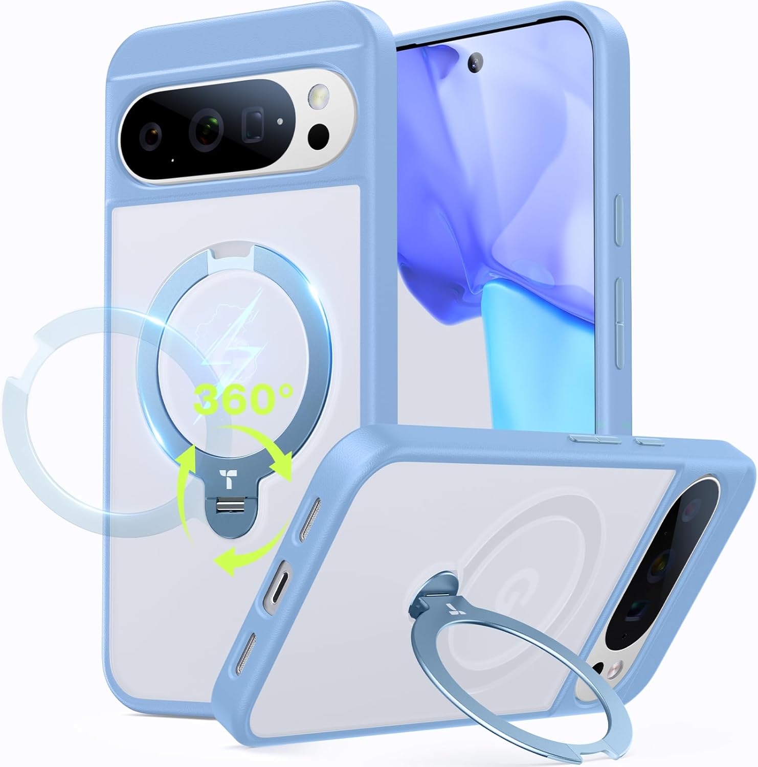 torras 360 spin magnetic stand for google pixel 10 case / 10 pro case, fit for magsafe, shockproof translucent lightweight slim pixel 10 pro phone case with stand & ring holder, light blue pixel 10 /10 pro case blue