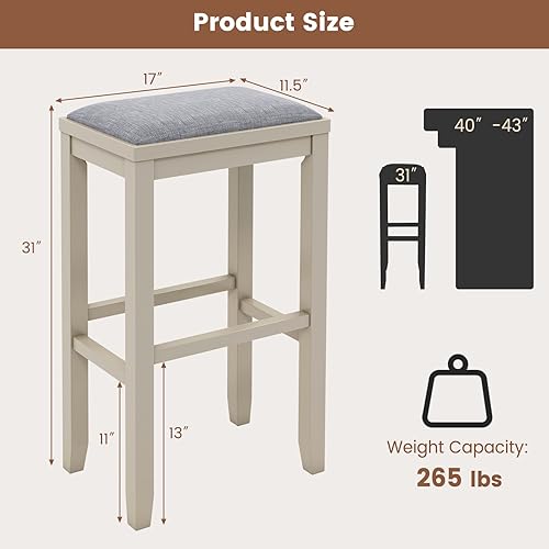 Miniatura 3 de COSTWAY Juego de 4 taburetes tapizados, sillas vintage de altura de mostrador de 31 pulgadas de altura con patas de madera maciza, taburetes de bar