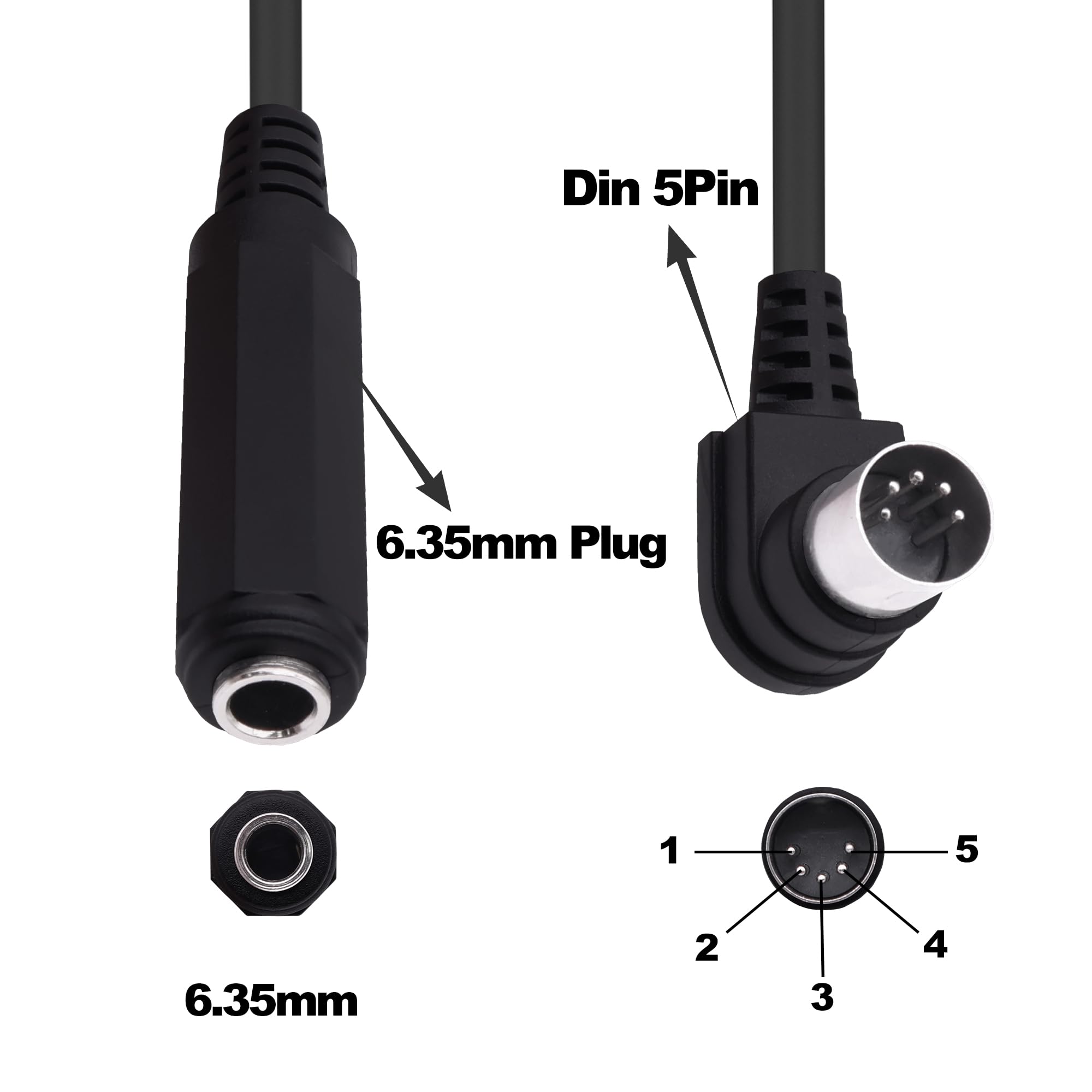YARCHONN 5 Pin Din Right Angle Midi to 6.35mm Cable 90 Degree Midi Din 5 Pin Male to 1/4" TRS Female Stereo Audio Adapter Cable for Speaker Amplifier Mixer MIDI Keyboard-0.3M/0.98FT - Image 3
