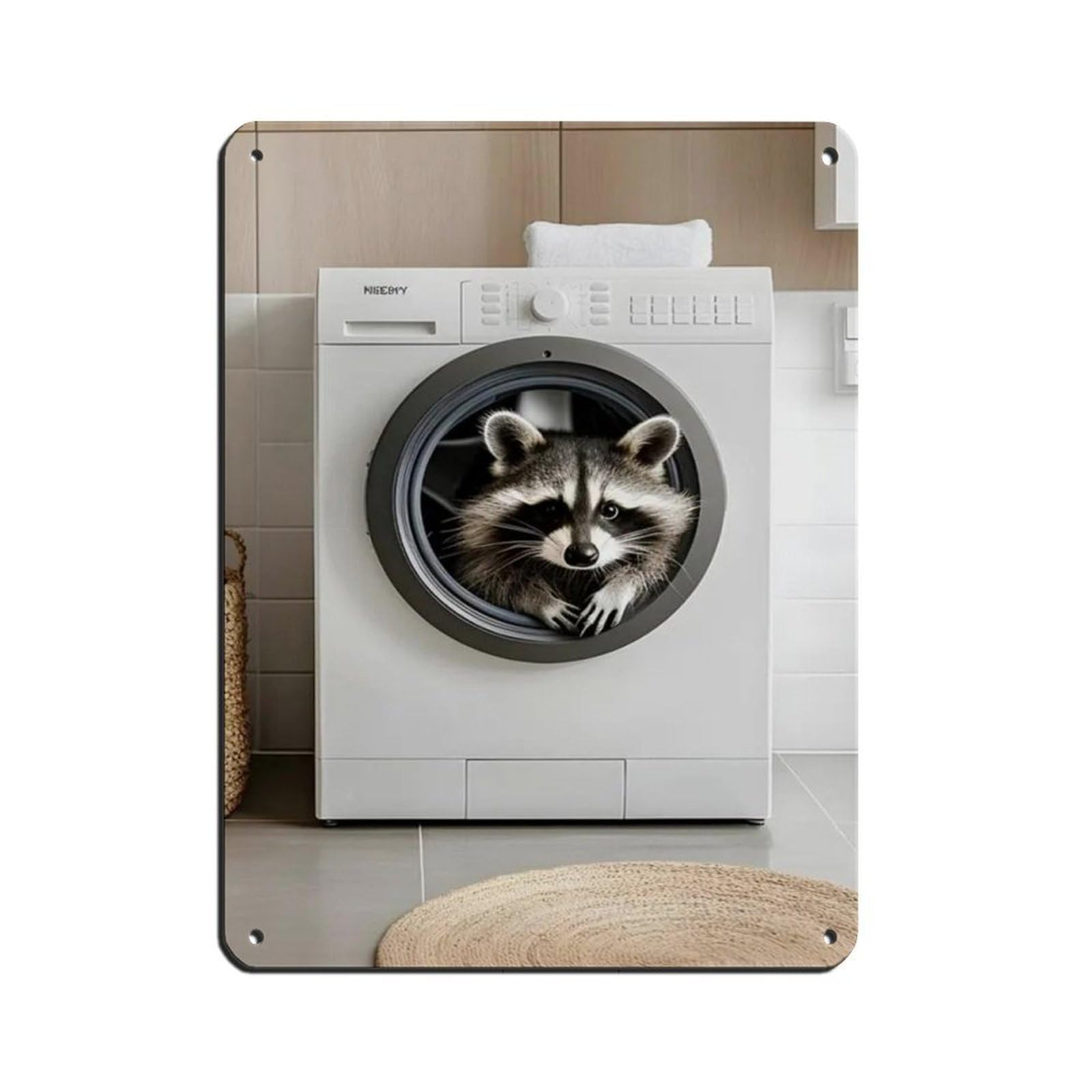 Raccoon in A Washing Machine, Bathroom Art Retro Poster Metal Tin Sign Chic Art Retro Iron Painting Bar People Cave Cafe Family Garage Poster Wall Decoration 12x16inch(30x40cm)