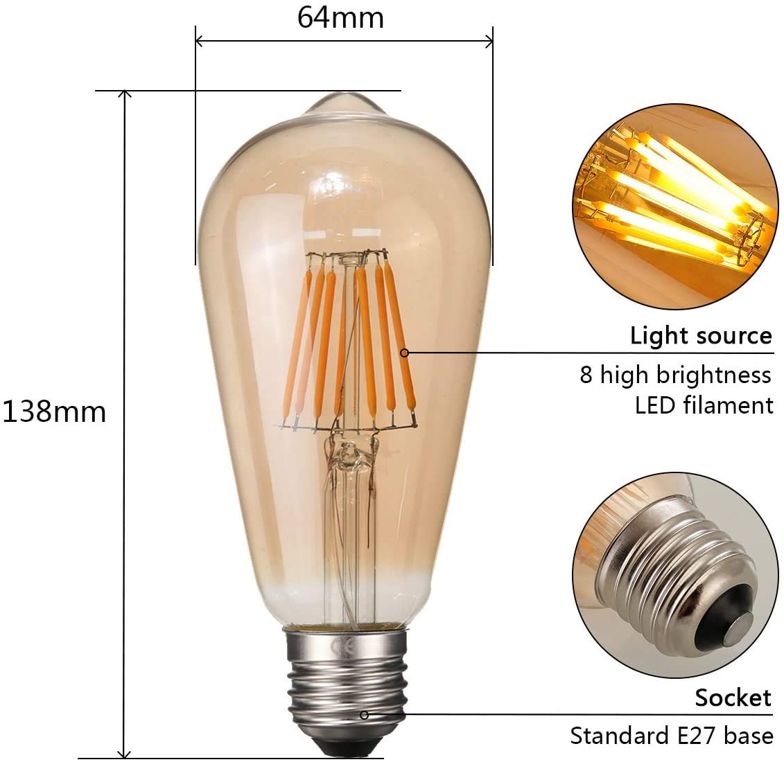 NUODIFAN LED Edison Glühbirne E27, 6 x 8W Vintage Glühbirne Dimmbar LED Filament Birne Lampe Amber Glas (1000 Lumens, 2700K) Ideal für Dekorative