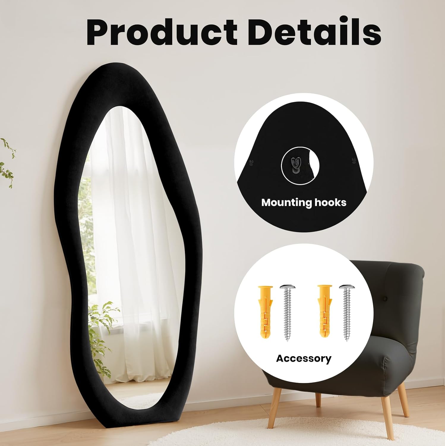 Full Length Mirror, 71"x 30" Wall Mirror, Flannel Wrapped Wooden Frame Floor Mirror, Irregular Wavy Hanging or Leaning for Bedroom Living Room Cloakroom, Black