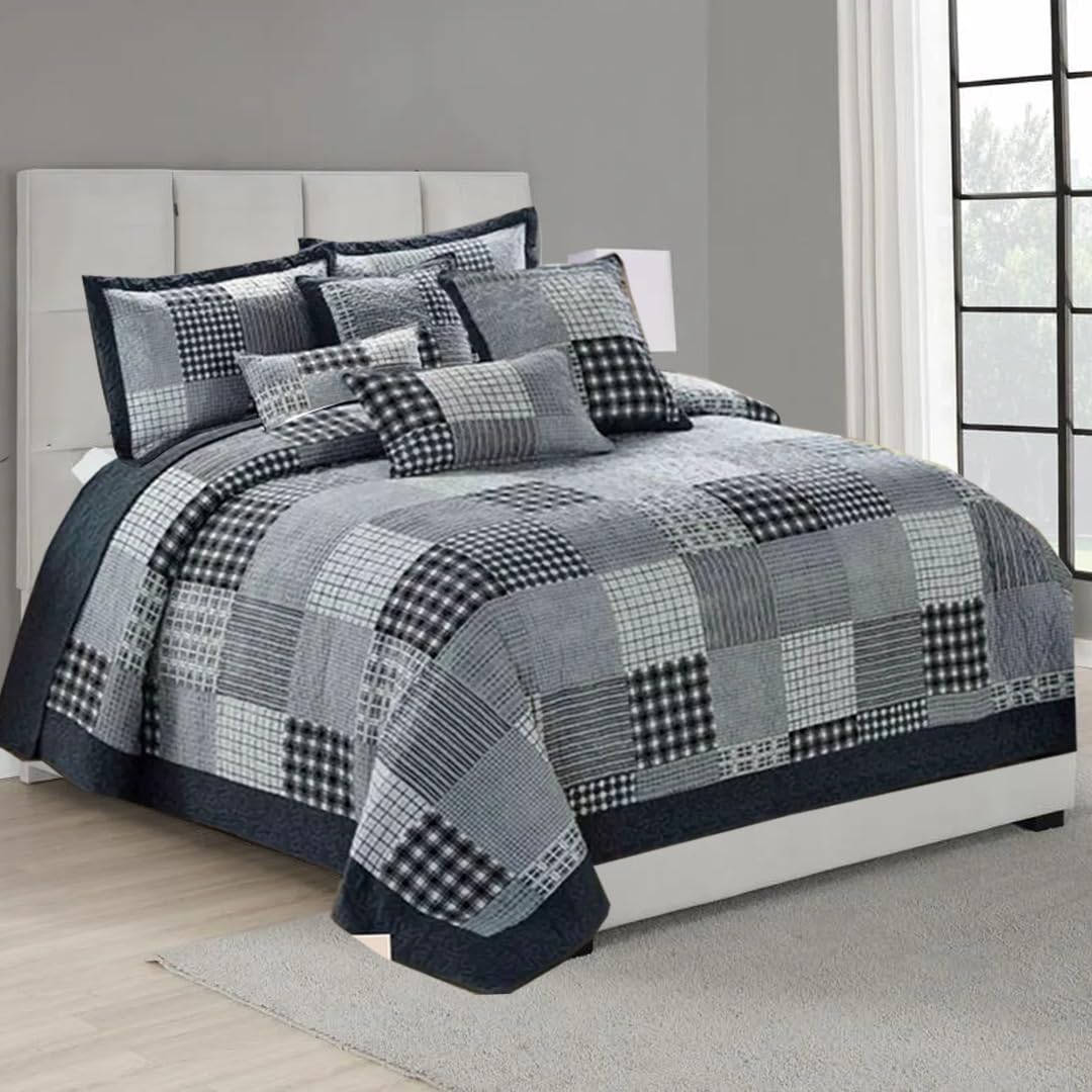 ZIYA HOMES Double Quilted Reversible Patchwork Bedspread Comforter Bed Throw with Pillow Sham Coverlet 3-Piece Bedding Set Reversible Cotton Non Allergic Machine Washable