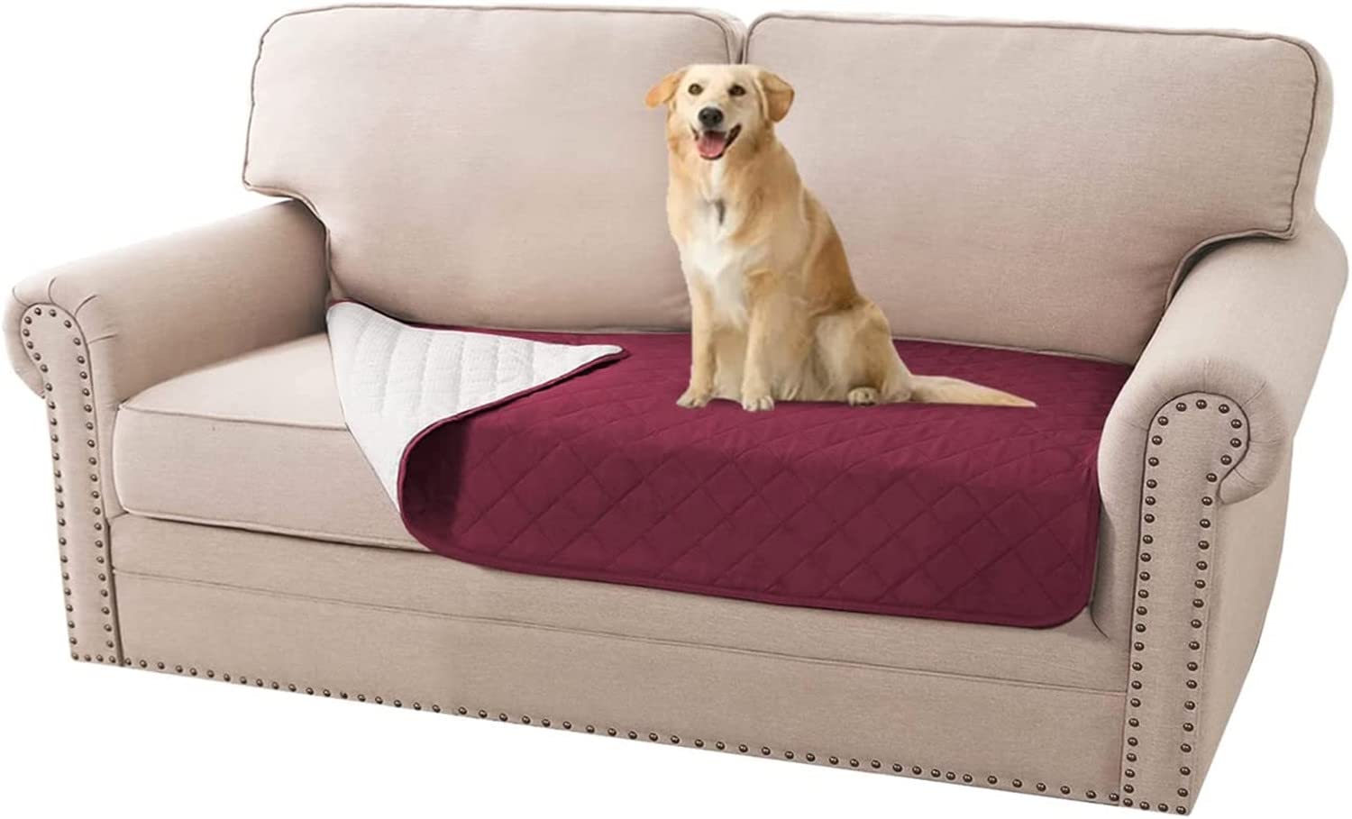 FASCINATDECO 100% Waterproof Sofa Cushion Cover Washable Dog Bed Cover Non-Slip Pet Blanket for Sofa Cushion Furniture Protector Cover Soft Seat Cushion Cover Sofa Cover (Wine Red,35x62 Inch)