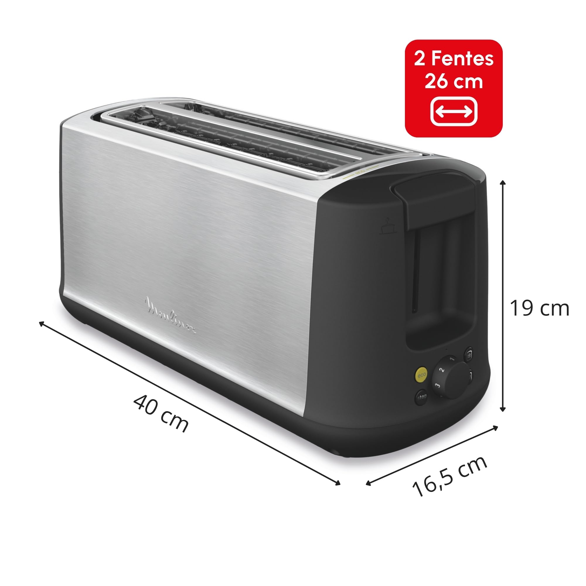 Moulinex Grille-pain 2 fentes longues, Largeur variable, 7 niveaux de dorage, Fonction Arrêt, Mode éco, Décongélation, Réchauffage, Tiroir ramasse-miettes, Subito Select Inox, LS342D10