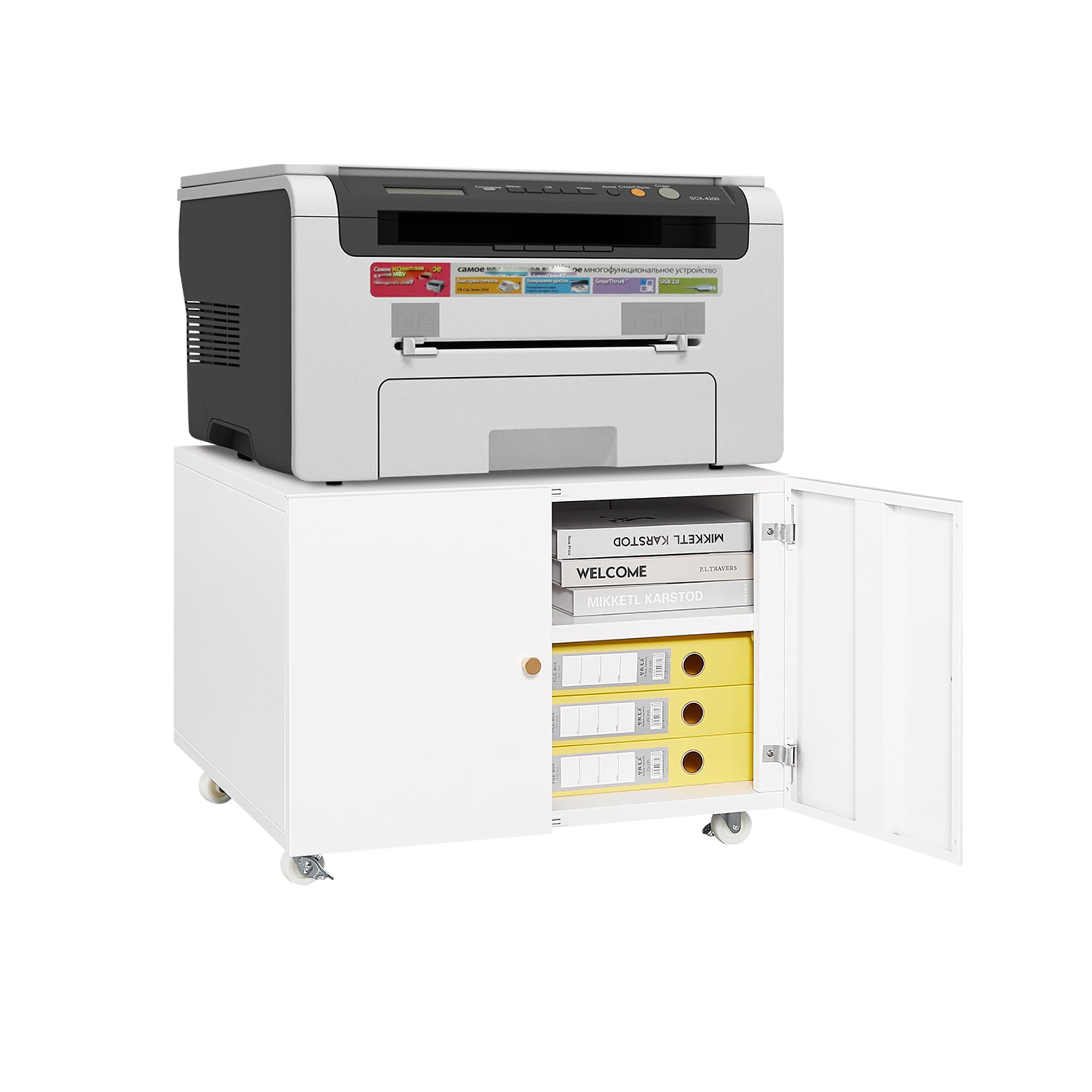 White Mobile Printer Stand with Storage ， Rolling Printer Cabinet with Doors and Adjustable Shelves, Heavy-Duty Printer Table for Home Office, Fits