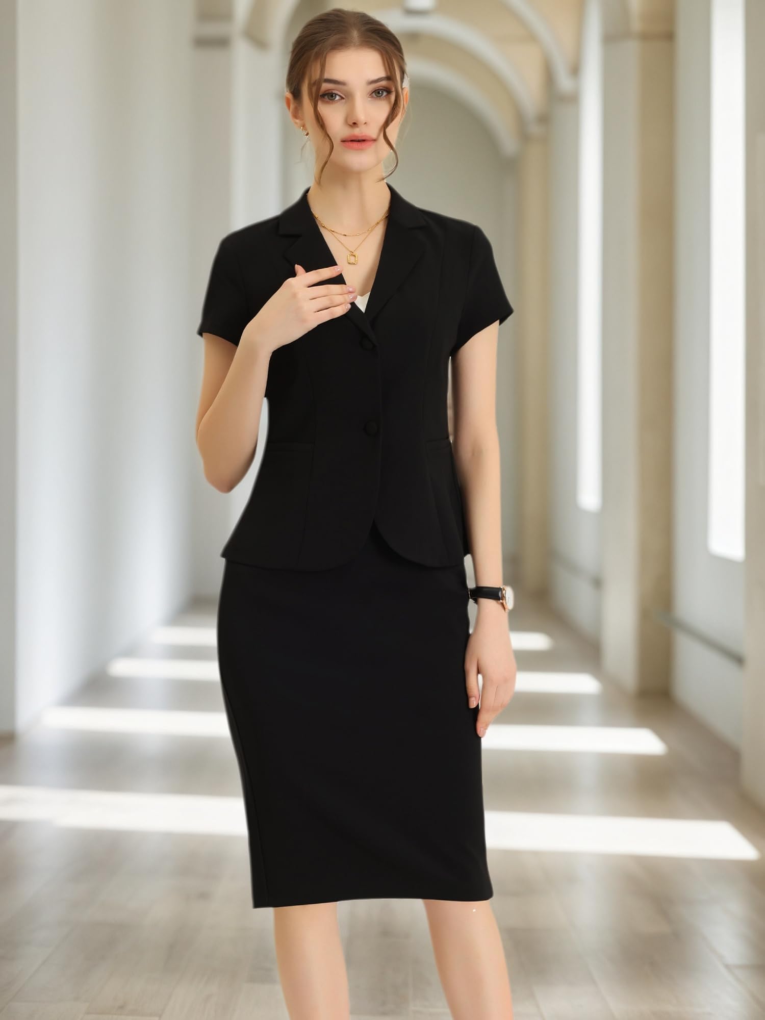 Allegra K Women's Business 2 Piece Suit Set Short Sleeve Blazer Jacket Pencil Skirt