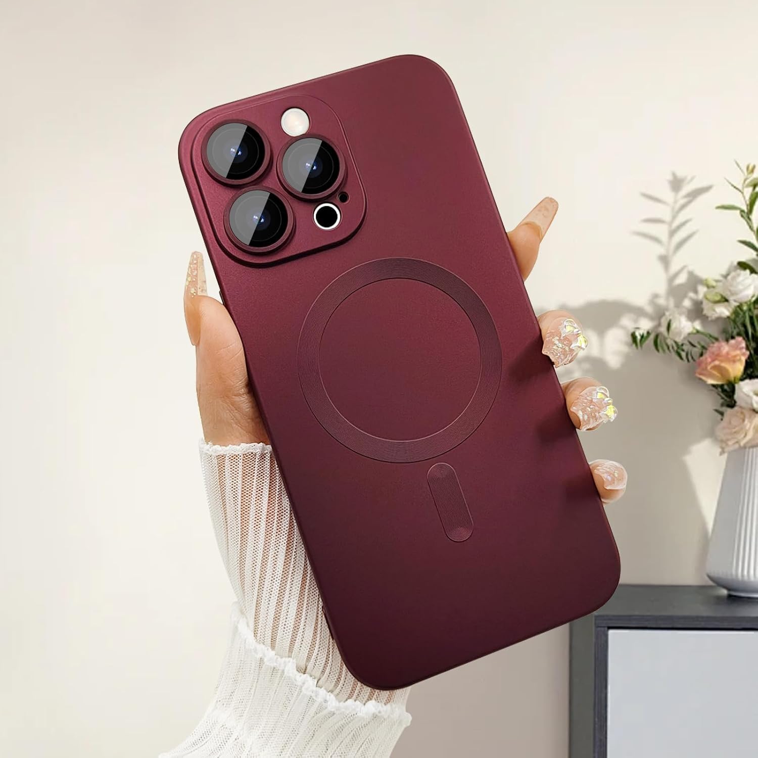 DIZORO Magnetic Case for iPhone 15 Pro Case [Compatible with MagSafe][Built-in Camera Lens Protector] Slim Soft Silicone Bumper Shockproof Metallic Luster Back Cover Phone Case - Wine Red — Amazon image 4