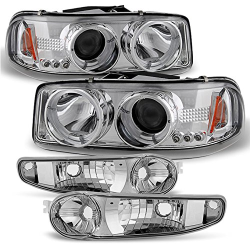For GMC Sierra Yukon Chrome Clear Halo Projector Headlights + Bumper Signal Lights Replacement Combo