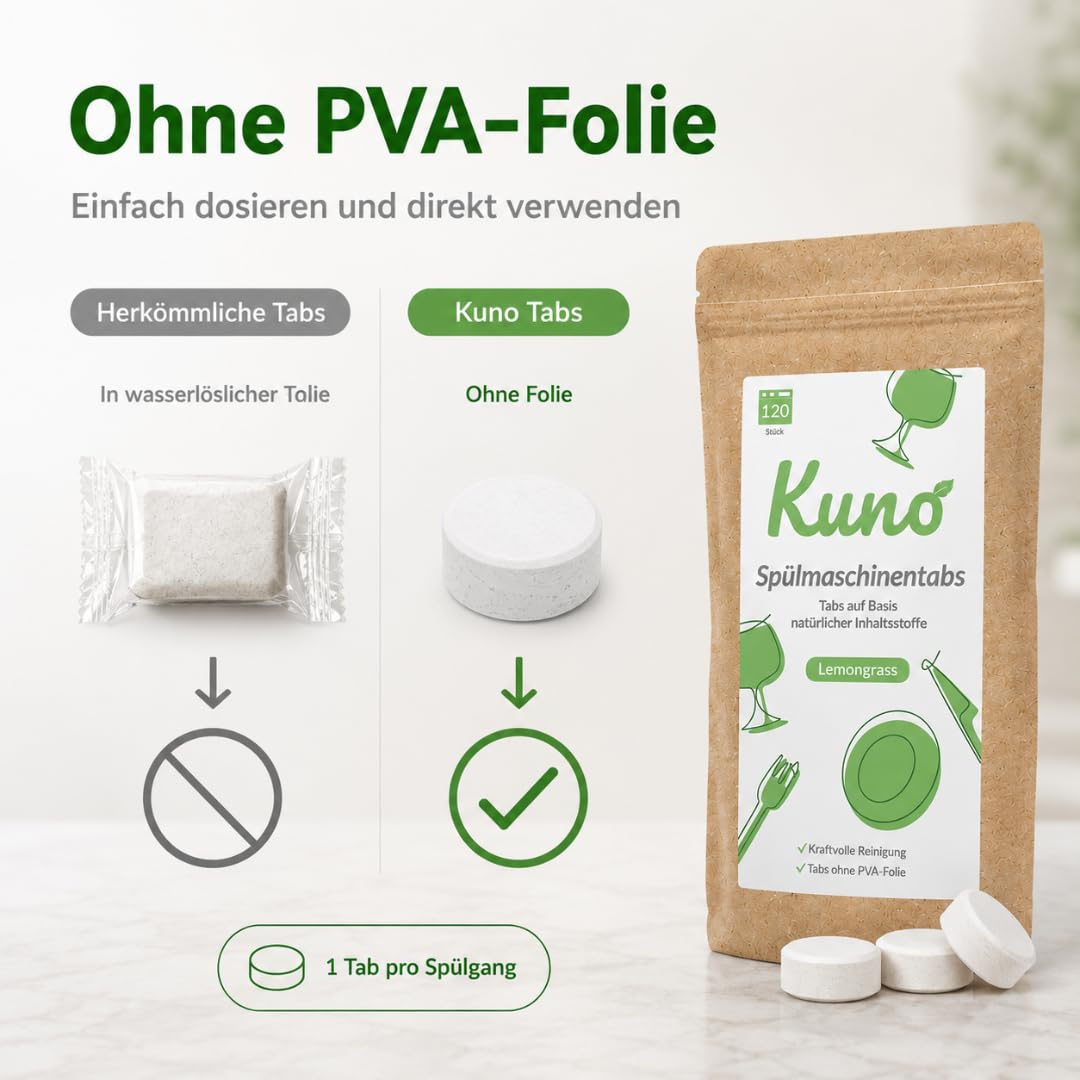 Kuno Tabletki do zmywarki Lemongrass – 120 szt. | Naturalne składniki | Bez folii PVA | Silne działanie czyszczące | Ekologiczne tabletki do zmywarki