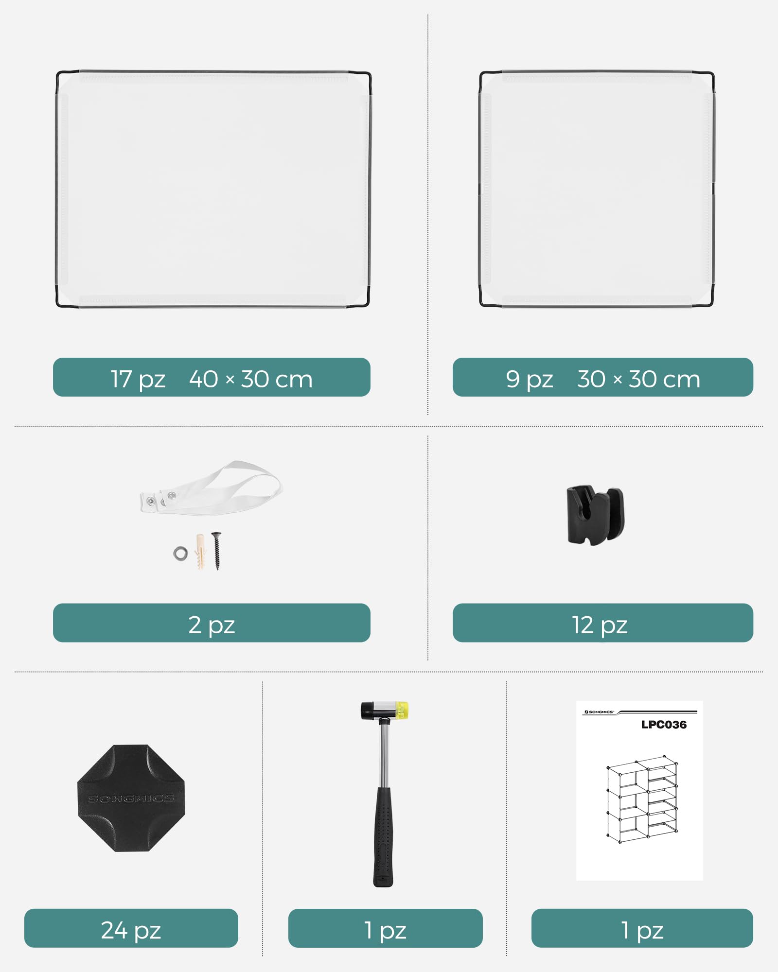 SONGMICS Scaffale a 9 Scomparti, Organizzatore Modulare, Scarpiera, Scomparto 30 x 40 x 30 cm, 30 x 40 x 15 cm, Soggiorno, Camera da Letto, Studio, con Martello di Gomma e Ferro, Bianco LPC36W