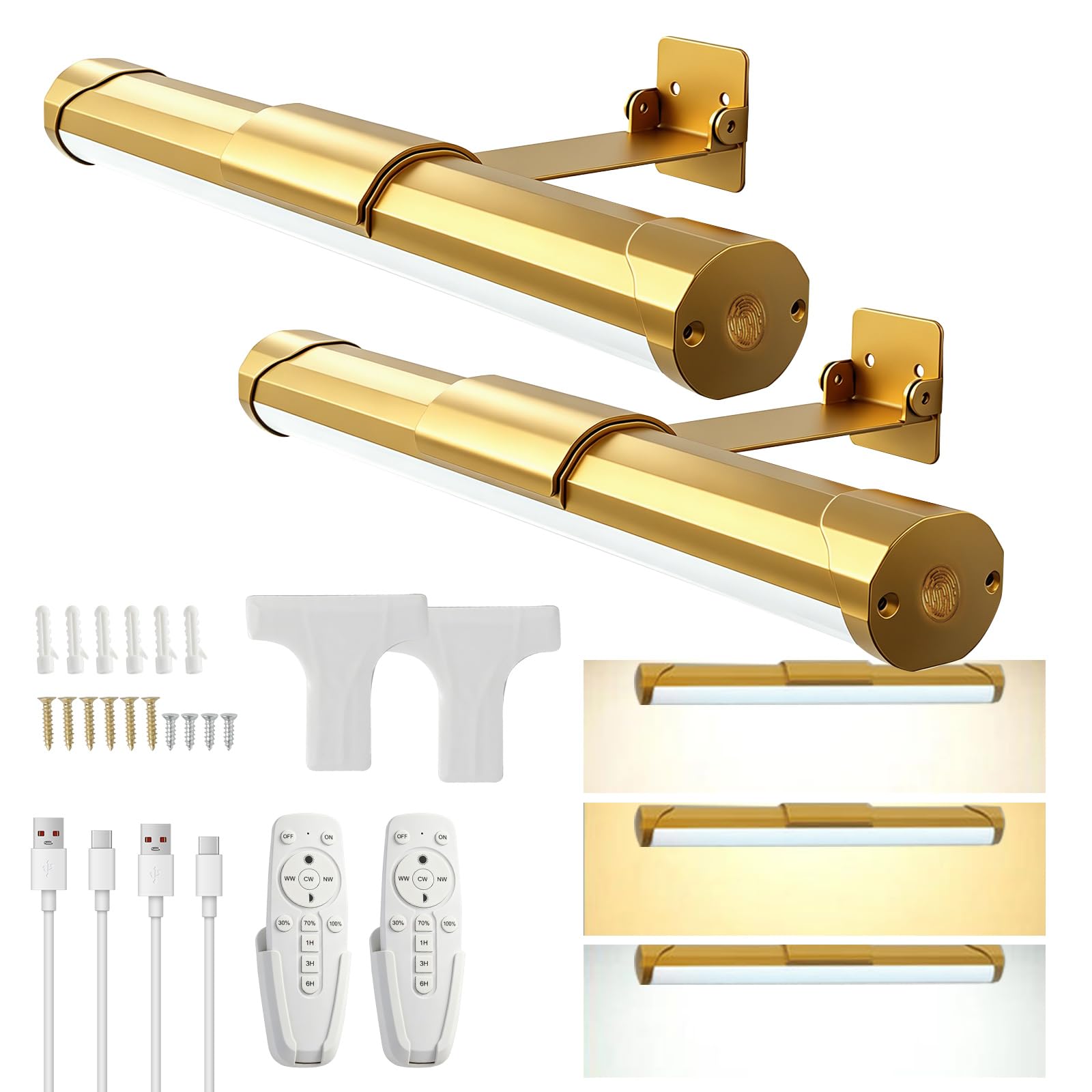 Kabellose Bilderleuchte, 2er-Pack magnetische LED-Kunstdisplayleuchte mit Timerfunktion, Fernbedienung und Touch-Steuerung, stufenlos dimmbares Licht für Wandbilder, Badezimmerspiegel (Gold)