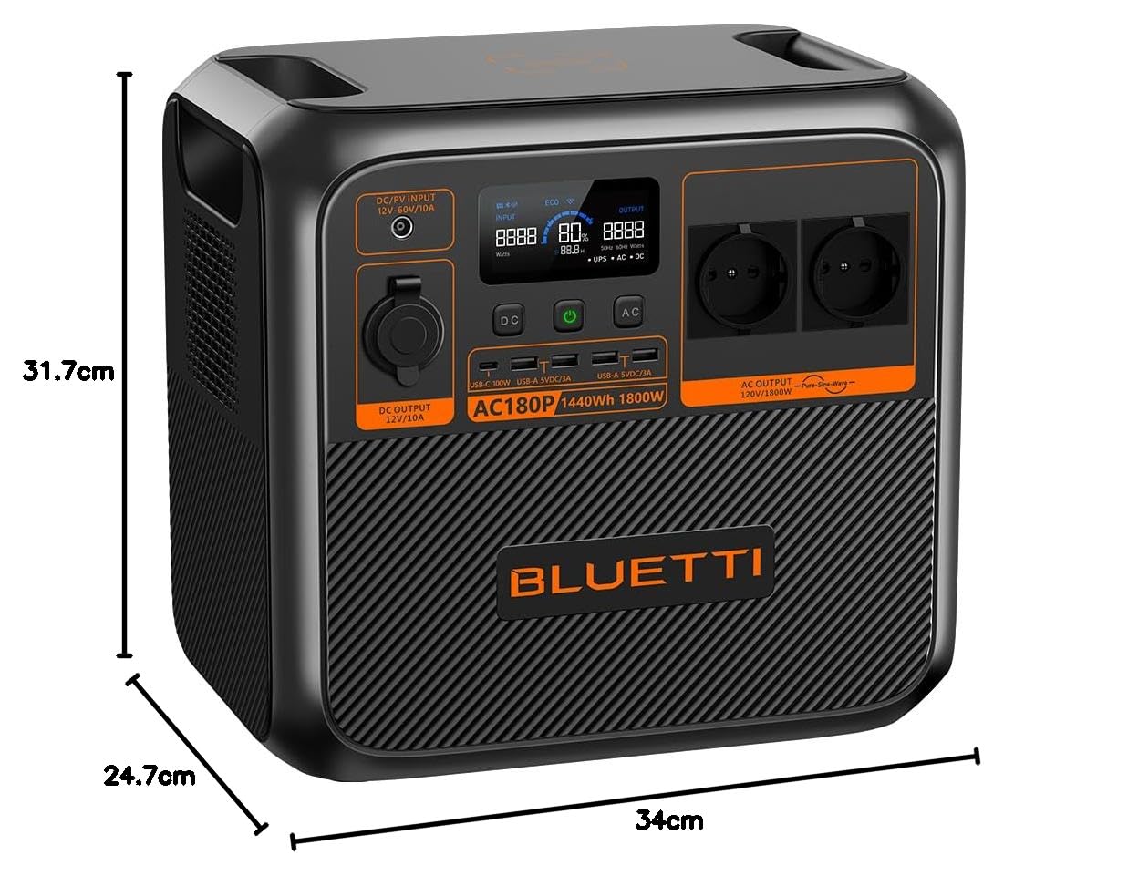 BLUETTI Estación de alimentación portátil AC180P, capacidad de 1800 Wh, 2000 W (pico de 4800 W), salidas AC, generador de corriente fiable para uso en exteriores