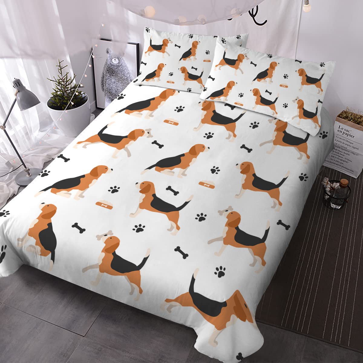 BlessLiving Brown Puppy Dog Bedding Duvet Cover Dog Paw Bone Prints Pattern Bed Set 3 Piece Cute Pet Animal Bedspreads for Kids Teens Adults (Full)