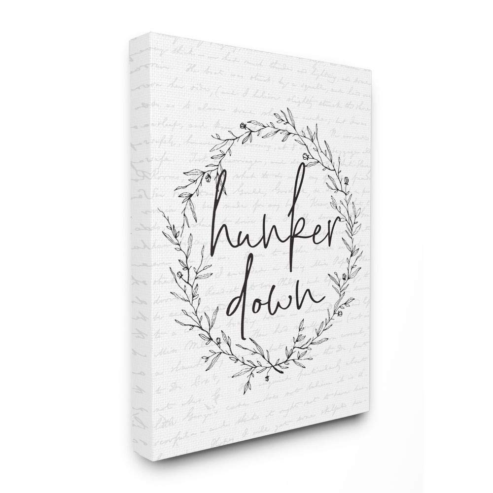 Stupell Industries Hunker Down Phrase Spring Wreath Design Black White, Designed by Lettered and Lined Wall Art, 30 x 40