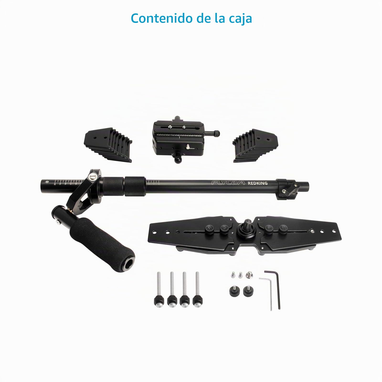 FLYCAM Estabilizador de cámara de vídeo Manual Redking, 0,8-7 kg | Placa de liberación rápida tipo dovetail con gimbal de 3 ejes; poste telescópico de 55 a 82 cm con escala láser.