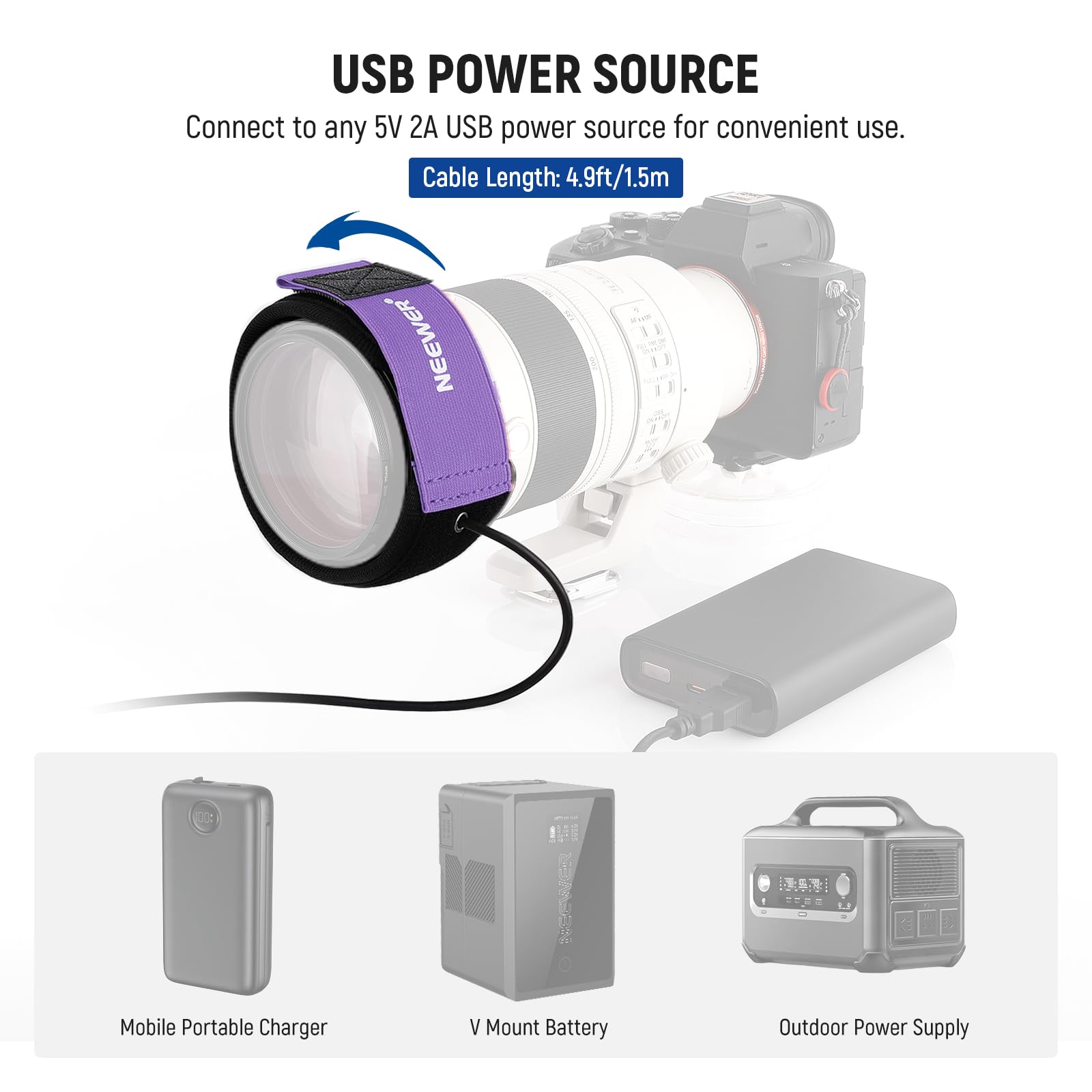 NEEWER Chauffe-objectif USB 400 Mm Pour Appareil Photo, Télescope, Bande Chauffante Avec 3 Niveaux De Température, Empêche La Condensation De La Rosée Et Du Brouillard Pour Appareil Photo Reflex