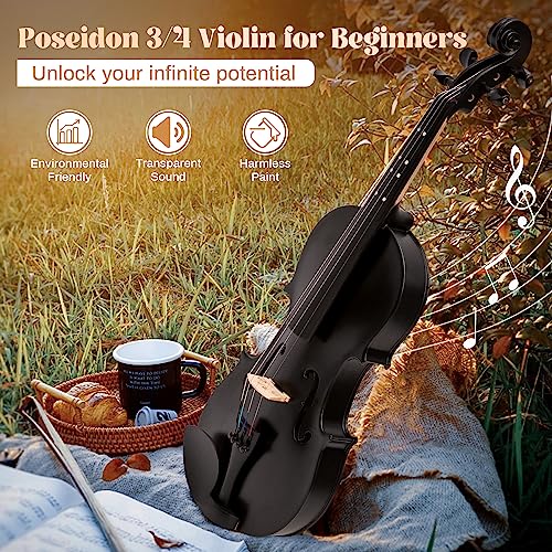 Image of 3 /4 Acoustic Violin Fiddle, Black Violin for Beginners for Beginners Violin Starter Kit w /Case, Two Bows, Two Bridges, Two Rosins, Two 3 /4 Strings Full Size Set, Shoulder Rest, Clip-on Tuner, Manual