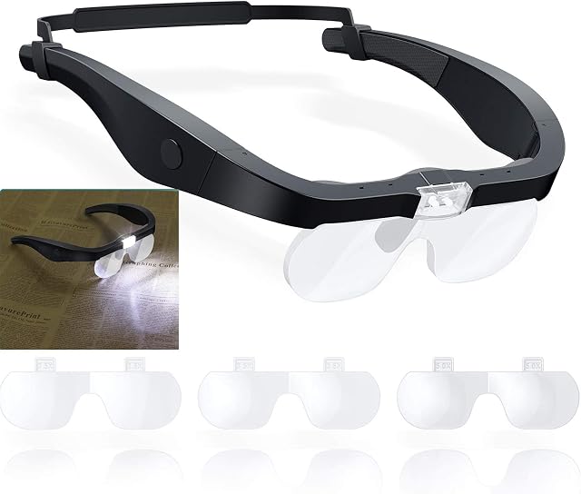 Headband Magnifying Glass,eSynic USB Charging Handsfree Magnifiers Rechargeable Headset Magnifier with Light and 4 Detachable Lenses(1.5X-3.5X) for Reading, Jewelry, Loupe, Crafts,etc.