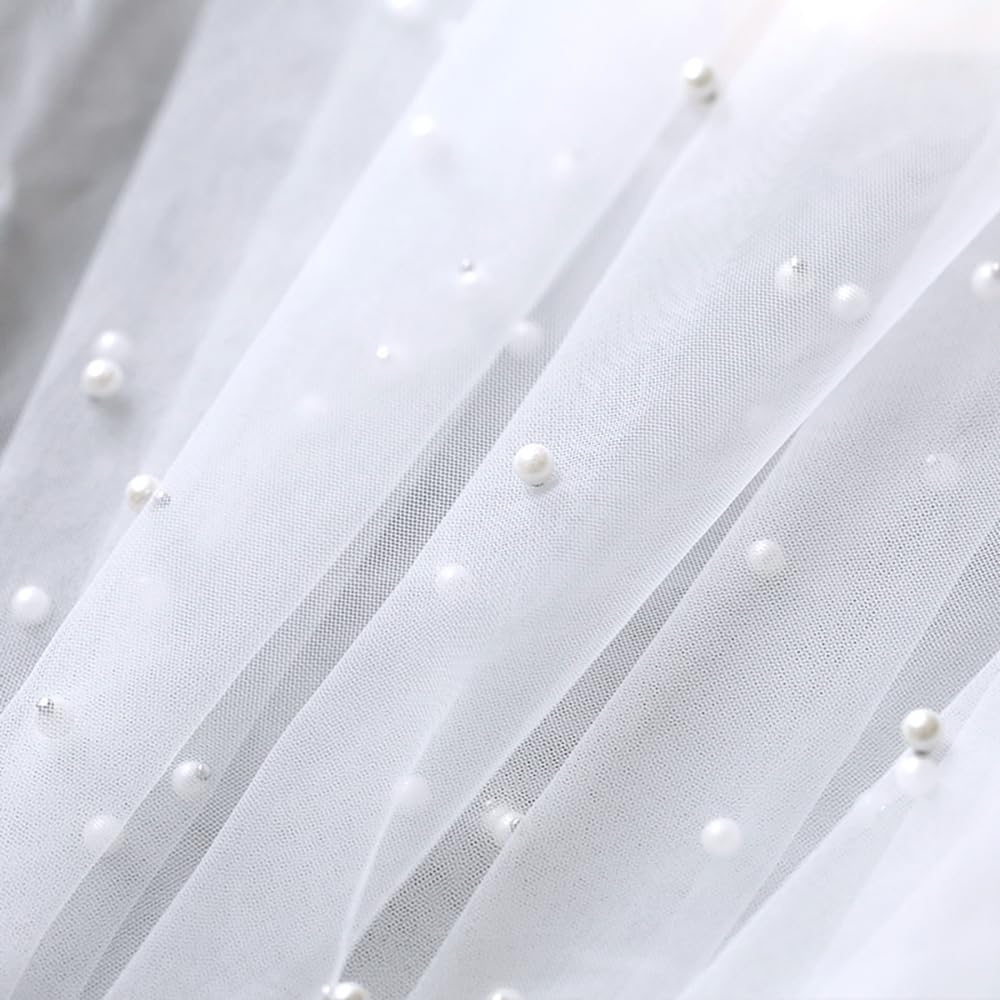 Duories White Nylon Pearl Tulle Fabric for Wedding Decoration & Clothing, 50 cm x 160 cm, Mesh, Transparent, Beaded