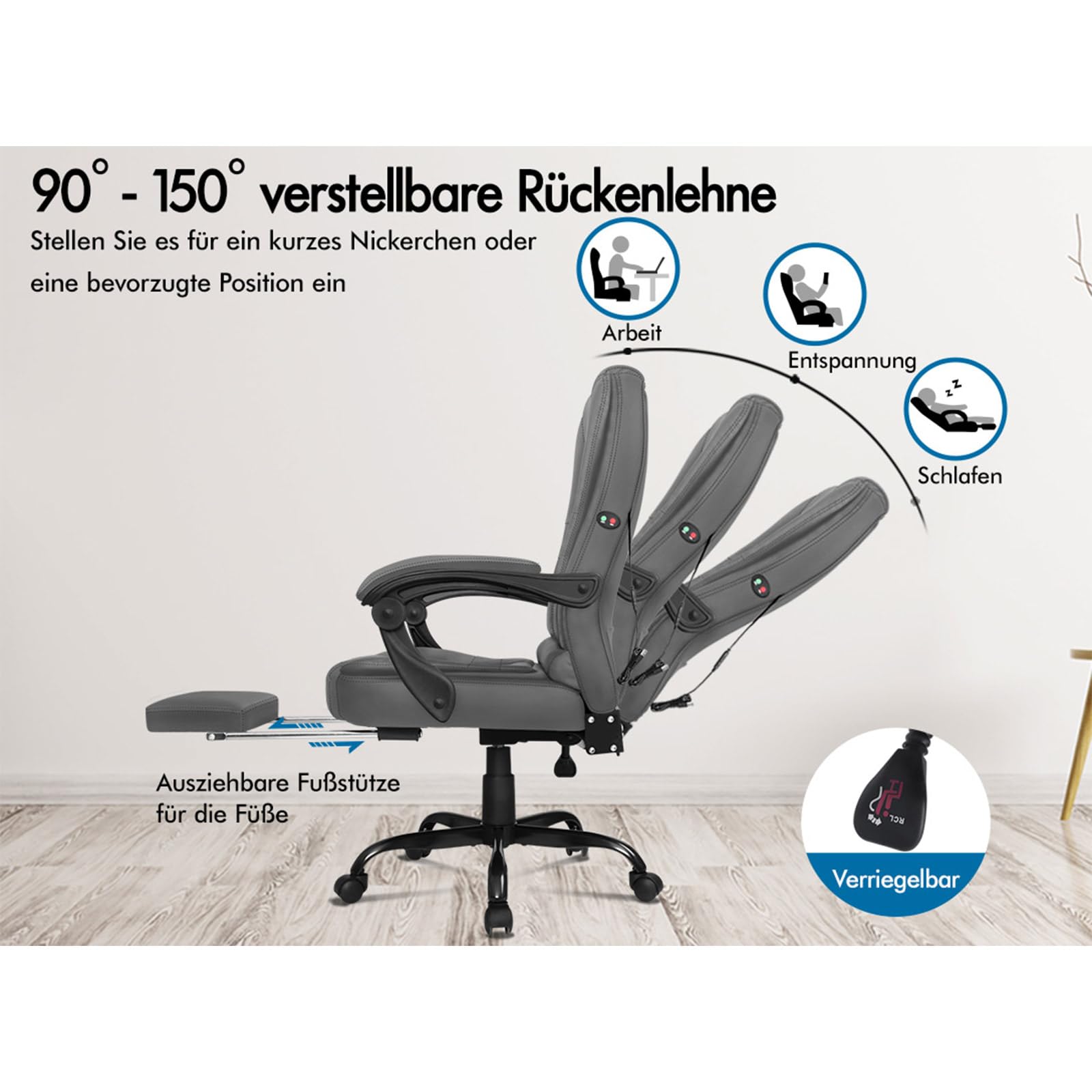 ALFORDSON Massage Bürostuhl Chefsessel ergonomischer, höhenverstellbarer Schreibtischstuhl Wippfunktion 90°-135°, hoher Rückenlehne PC-Stuhl belastbar