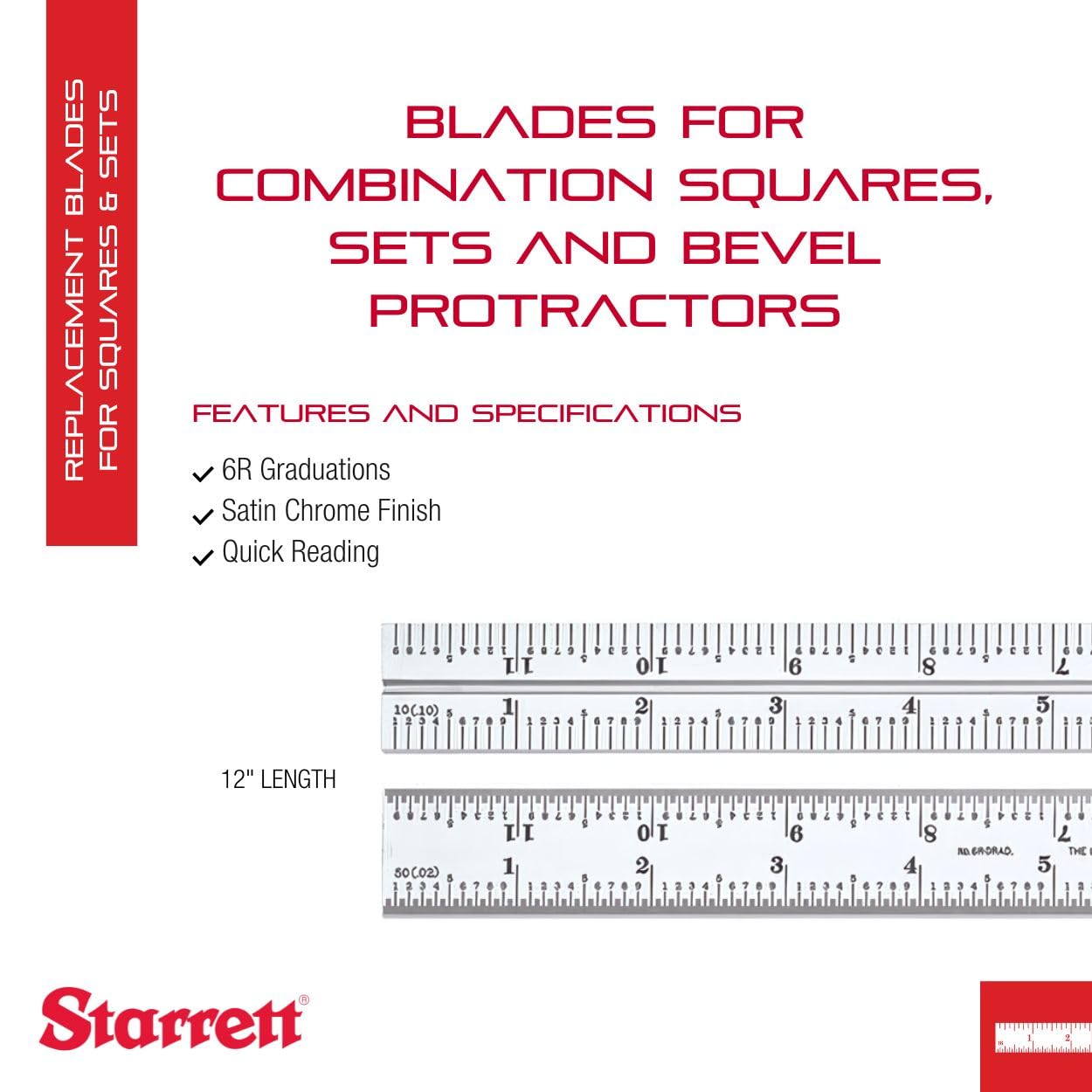 Starrett CB12 – 6R combinación cuadrado hoja con graduaciones, juegos y bisel protractors, satén cromo acabado, 6R graduación, 4 cm de ancho, espesor de 3/32 ", 12" tamaño