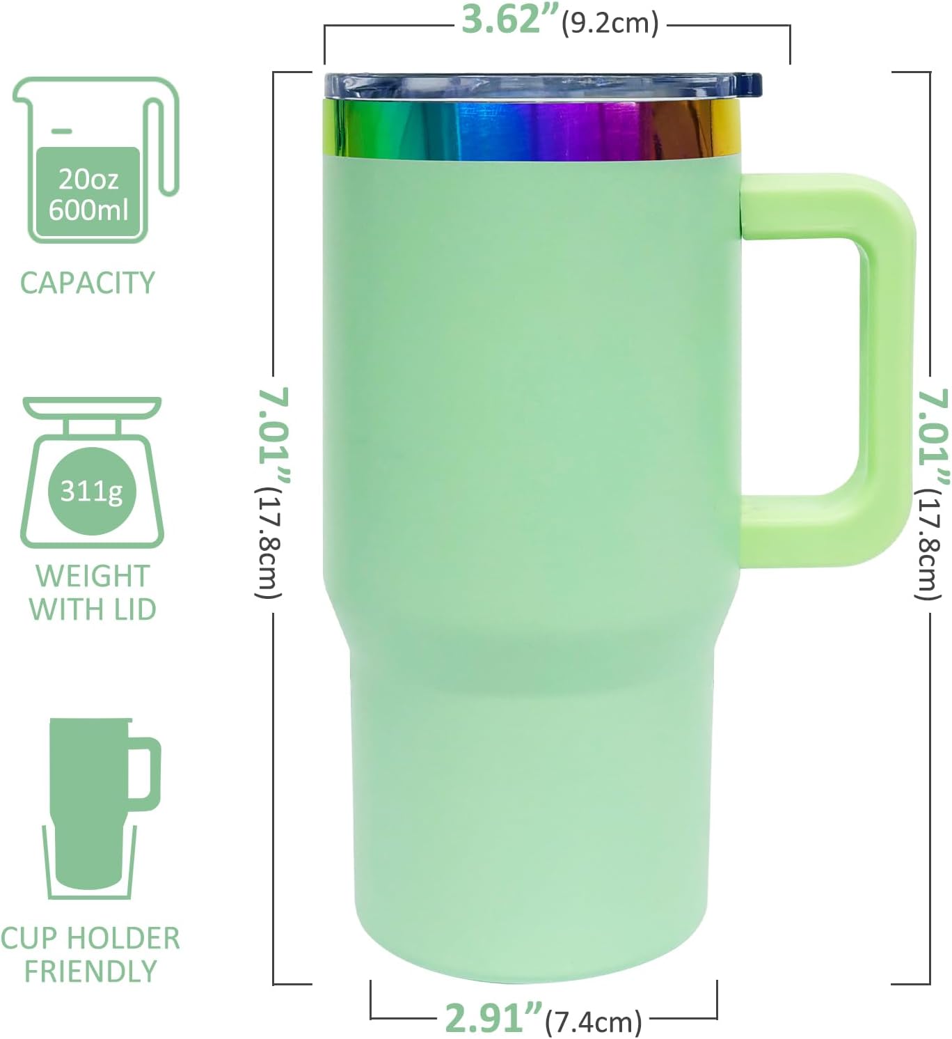 20 oz Tumbler with Handle Double Wall Insulated Tavel coffee Mug for Iced or hot drinks (Light Green, 1 pack) - Image 2
