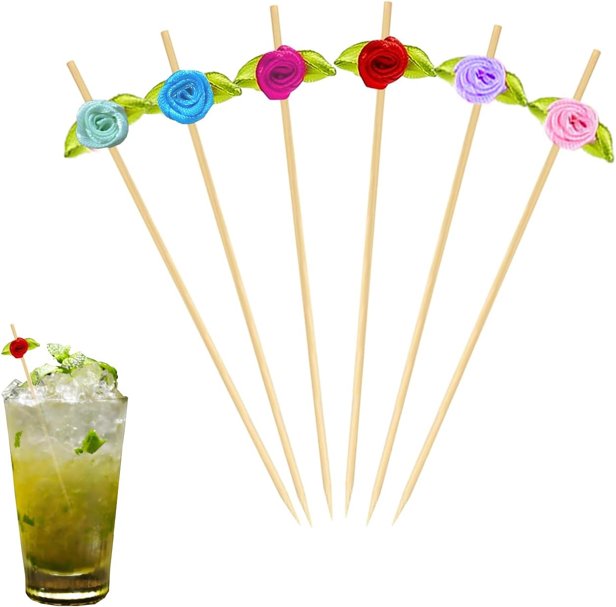 100PCS Colorful Roses Cocktail Sticks, 4.7 Inch Toothpicks Skewers Cocktail,Bamboo Cocktail Sticks Skewers for Food, Drinks, Fruits Party (Rose)