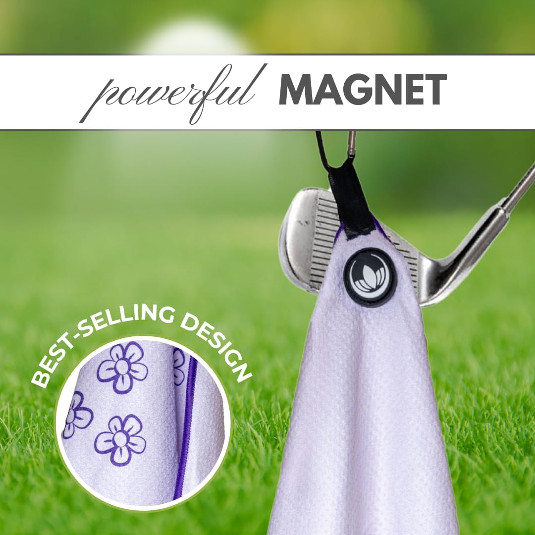 Magnetic Golf Towel, 18x18 Waffle Microfiber, Flower | Women's golf accessory. Detachable clip for easy use. Quick-dry, ultra-absorbent waffle microfiber.