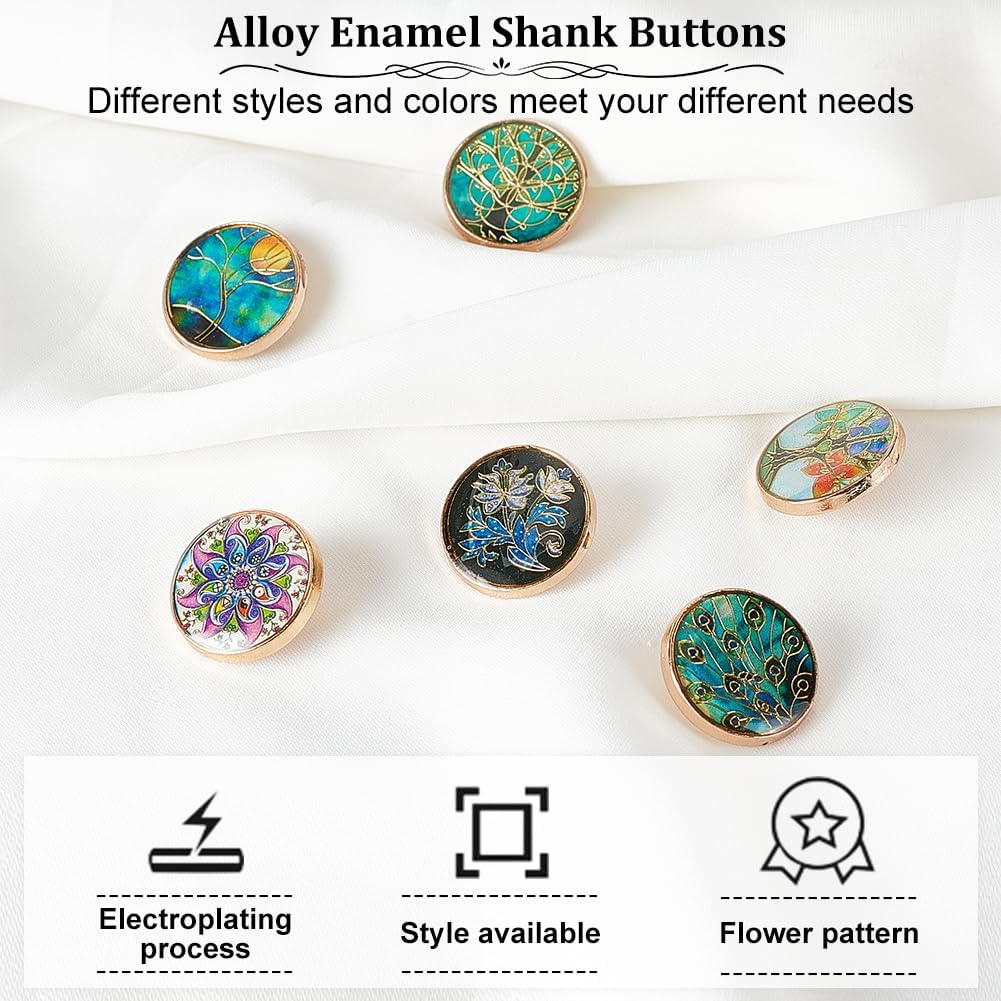 OLYCRAFT 24pcs 6 Styles Alloy Enamel Shank Metal Blazer Buttons, 20x8mm Flower Tree Theme Vintage Round Sewing Jacket, Coat & Suits Buttons - Image 4