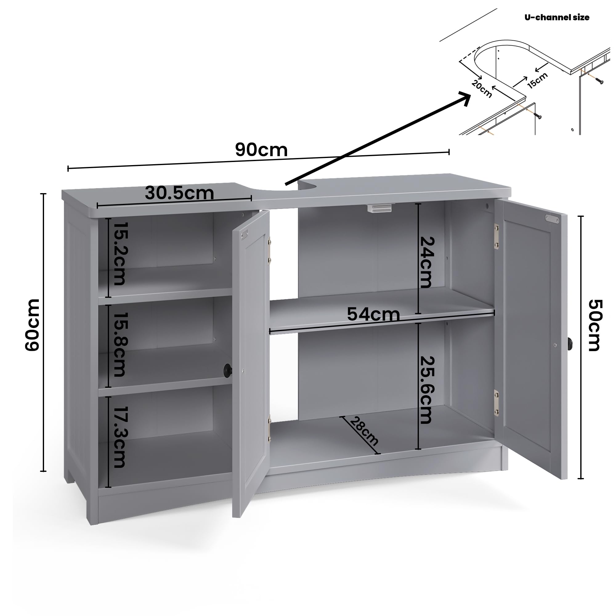 Bealife Waschbeckenunterschrank, Badezimmerschrank 90 x 30 x 60 cm, mit 2 Türen, 5 Fächern und höhenverstellbarem Einlegeboden in 3 Stufen, Magnetverschluss, viel Stauraum, wasserabweisend (Grau)