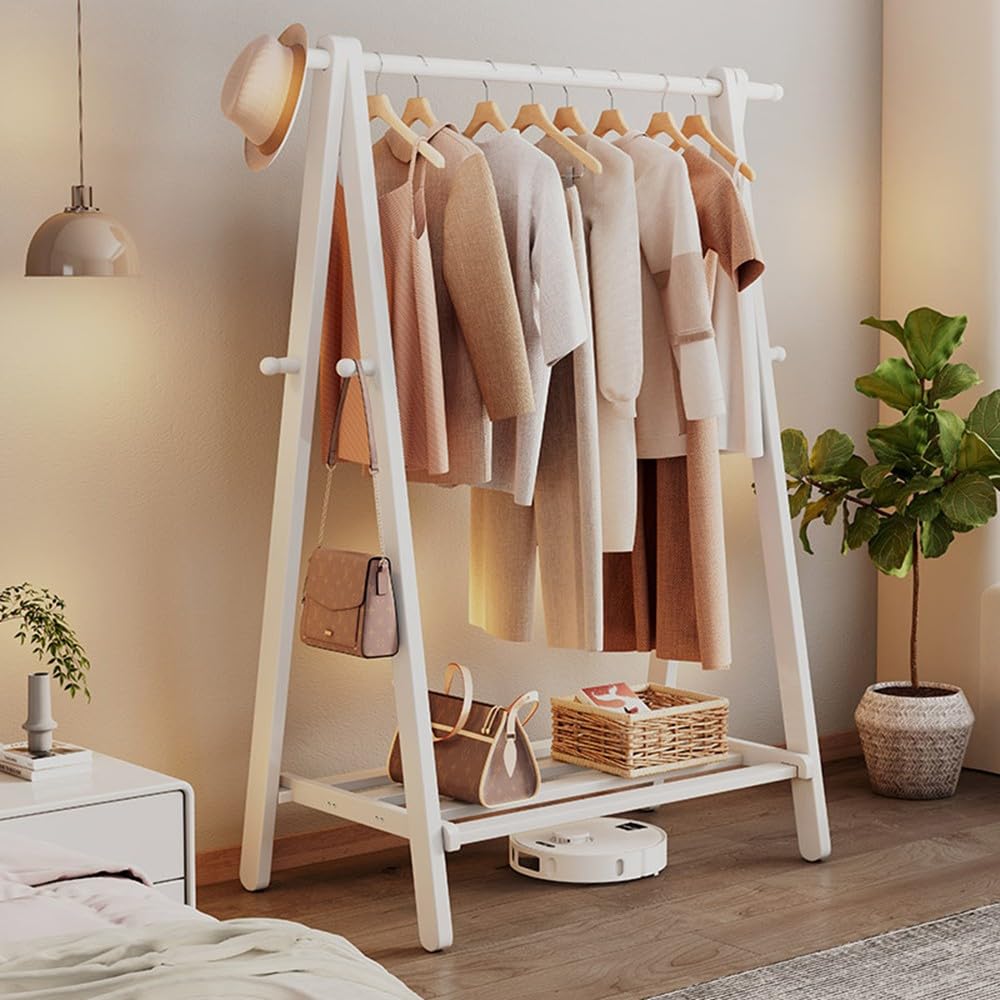 Bamboo Clothing Rack, Freestanding Open Wardrobe with 6 Hooks, Portable Clothes for Entryway, Bedroom & Living Room Storage Solutions