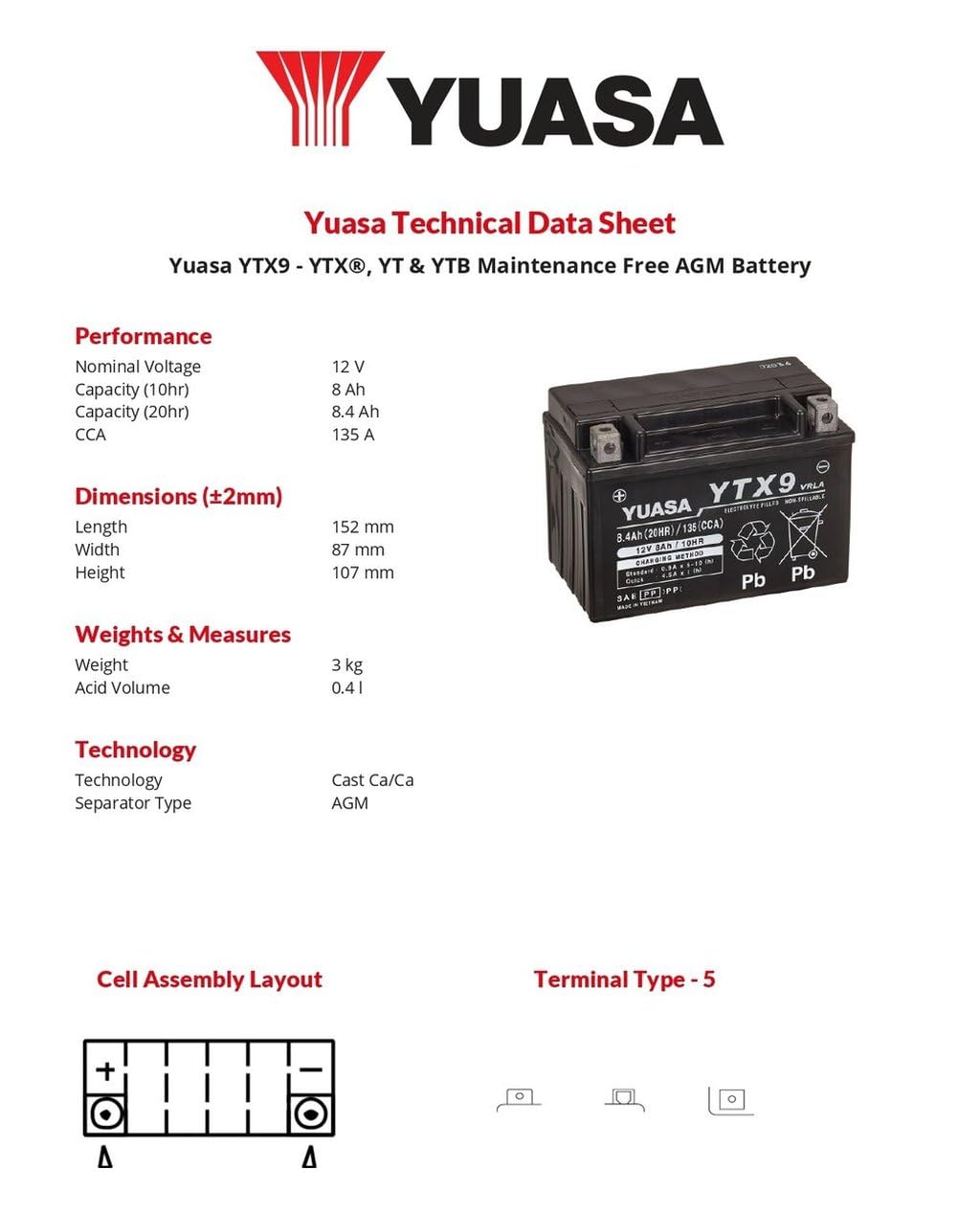 Yuasa YTX9-(WC) - Batteria SLA di ricambio, 12V, 8Ah, 15 x 8.7 x 10.5 cm