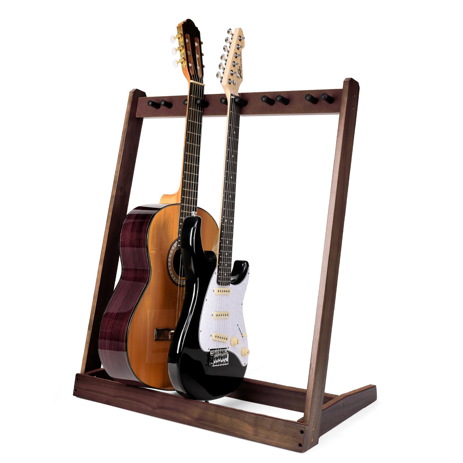 Supporto per chitarra in legno per 5 chitarre acustiche, elettriche o basse, con slot per plettri e spazio per 4 scatole