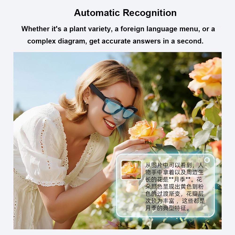 Occhiali Intelligenti con Intelligenza Artificiale E Fotocamera, Pixel da 800W, Foto E Video, Dialogo Ai, Riconoscimento Oggetti, Controllo Touch, Oltre 100 Traduzioni, per Viaggi E Guida B
