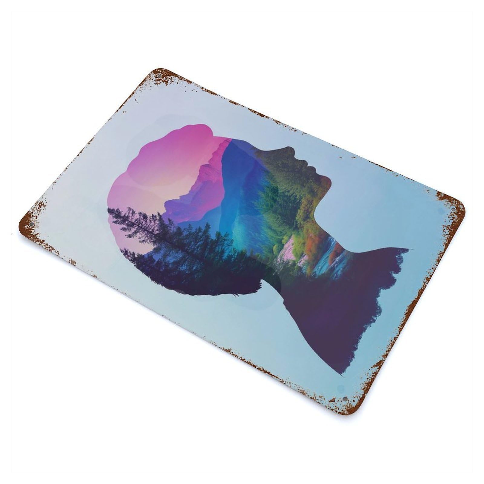 Silhouette Landscape Aged Metal Wall Plaque 11.8"x7.9", for Shed, Workshop And Garage Wall Decor, Old School Wall Decor